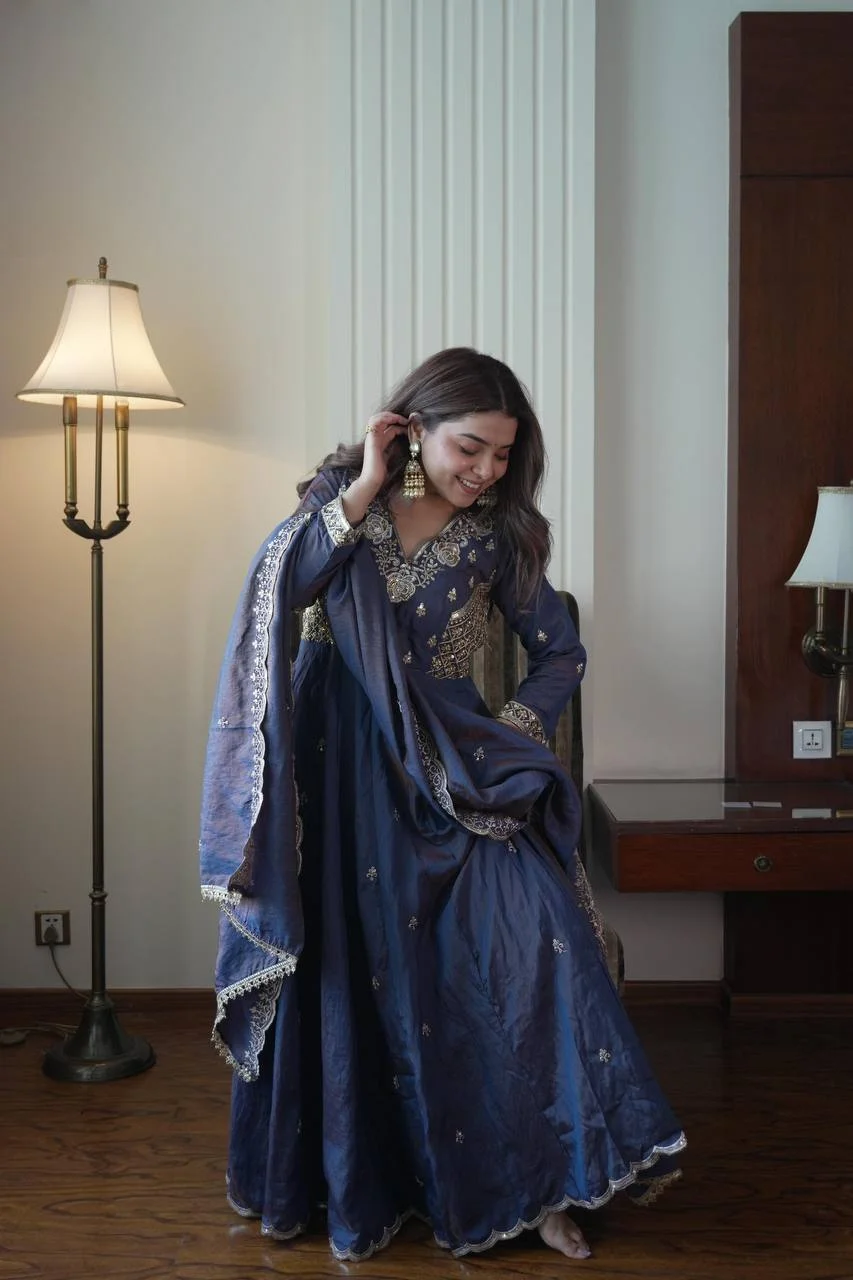 Vichitra Gown Pant Dupatta Set for Women in Blue — photo 5 of 7