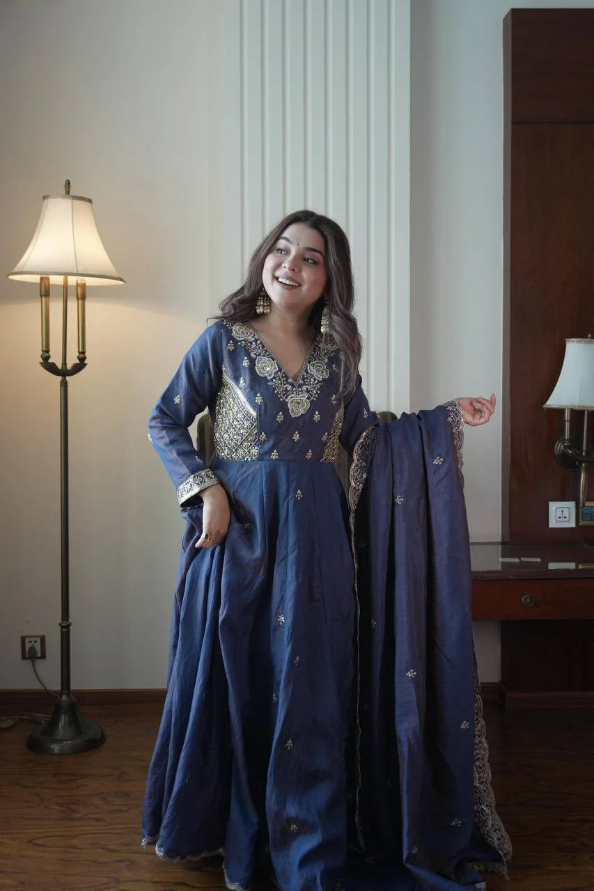 Vichitra Gown Pant Dupatta Set for Women in Blue — photo 6 of 7
