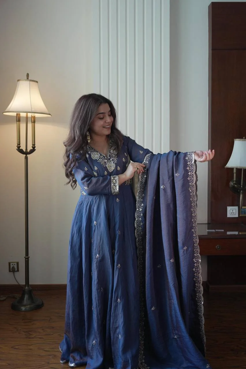 Vichitra Gown Pant Dupatta Set for Women in Blue — photo 7 of 7