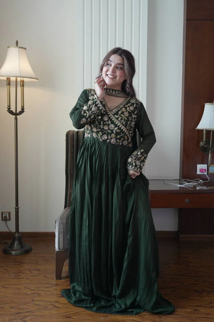 Blooming Vichitra Floor-Length Gown with Dupatta in Green — photo 6 of 10