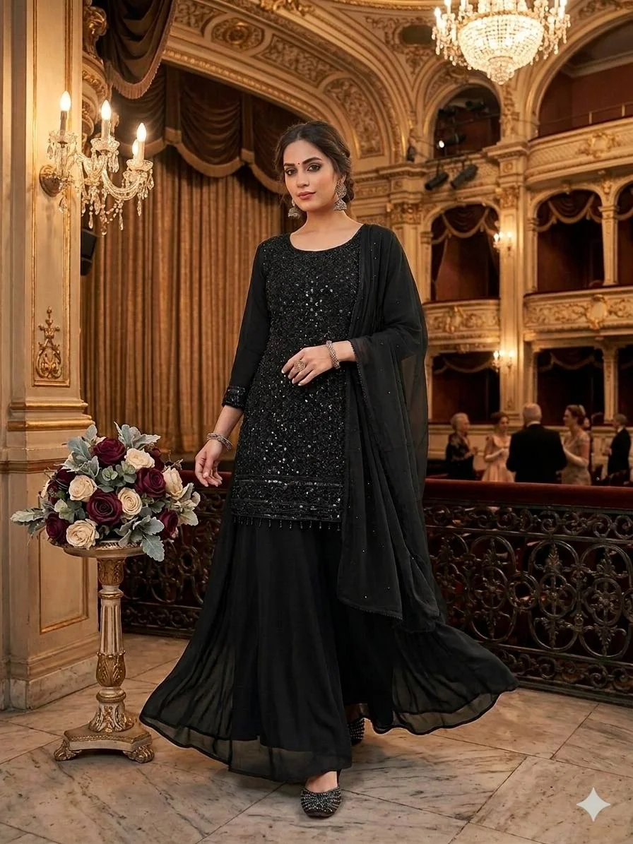 Georgette Kurti Palazzo Set for Women with Beads & Sequence Embroidery in Black — photo 2 of 5