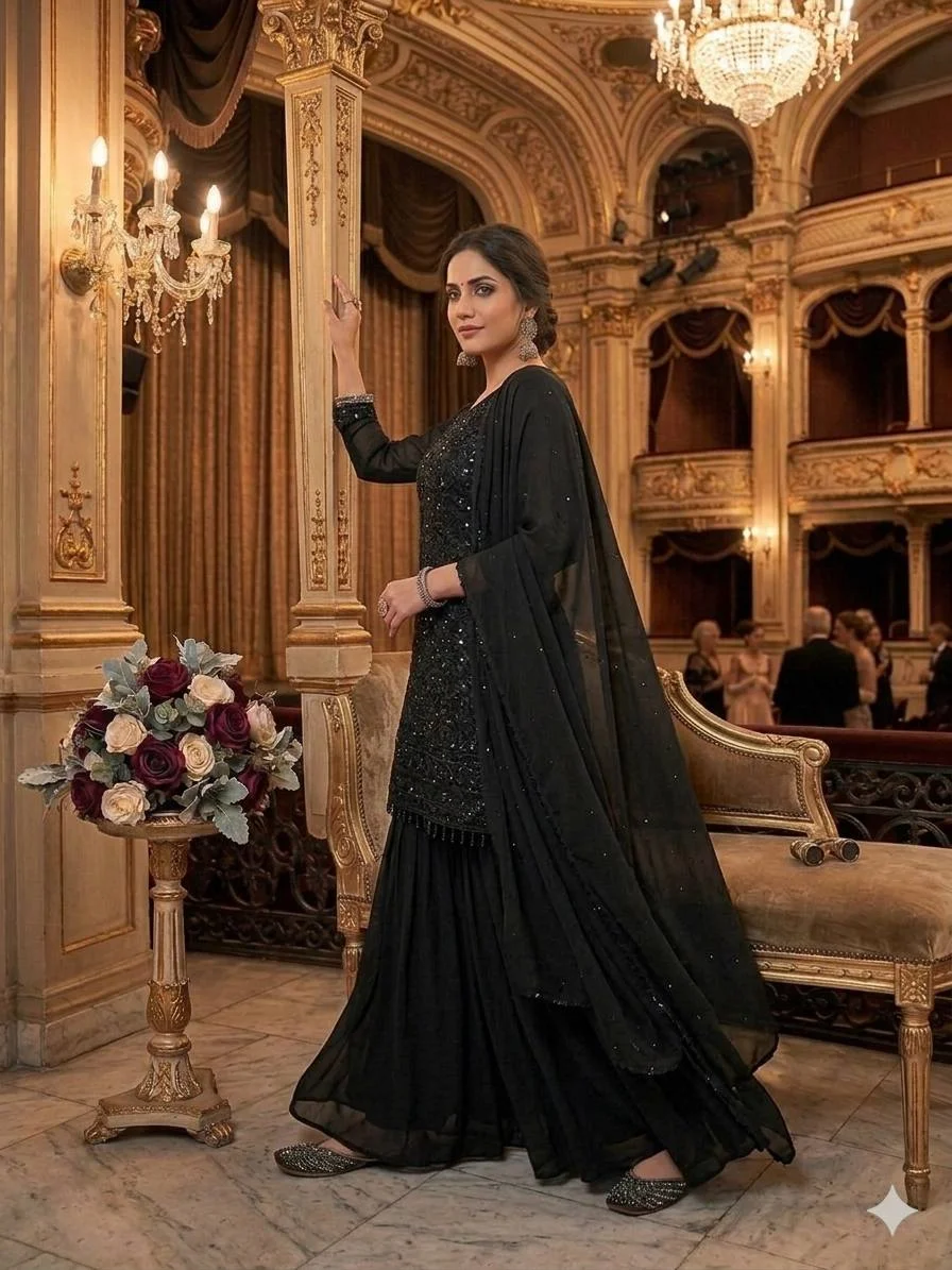 Georgette Kurti Palazzo Set for Women with Beads & Sequence Embroidery in Black — photo 3 of 5
