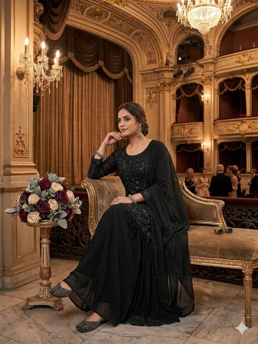 Georgette Kurti Palazzo Set for Women with Beads & Sequence Embroidery in Black — photo 4 of 5