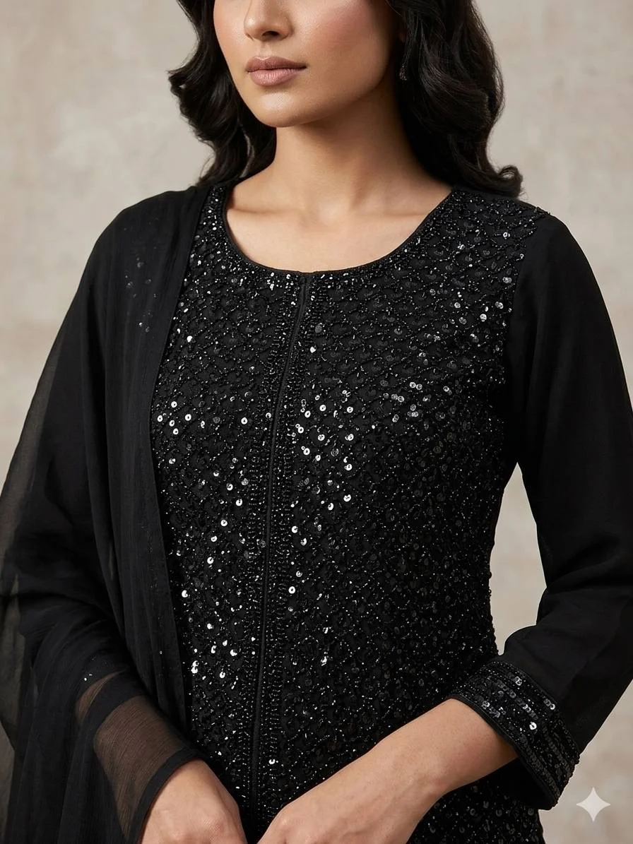 Georgette Kurti Palazzo Set for Women with Beads & Sequence Embroidery in Black — photo 5 of 5