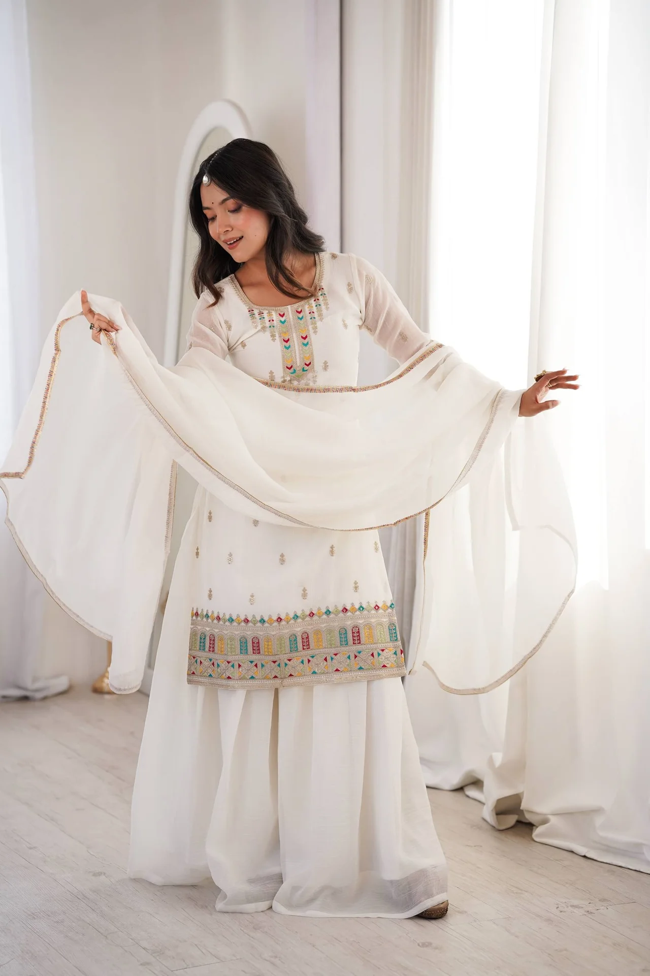 Pure Soft Crunchy Silk Top Sharara Dupatta Set for Women in Off White — photo 3 of 9