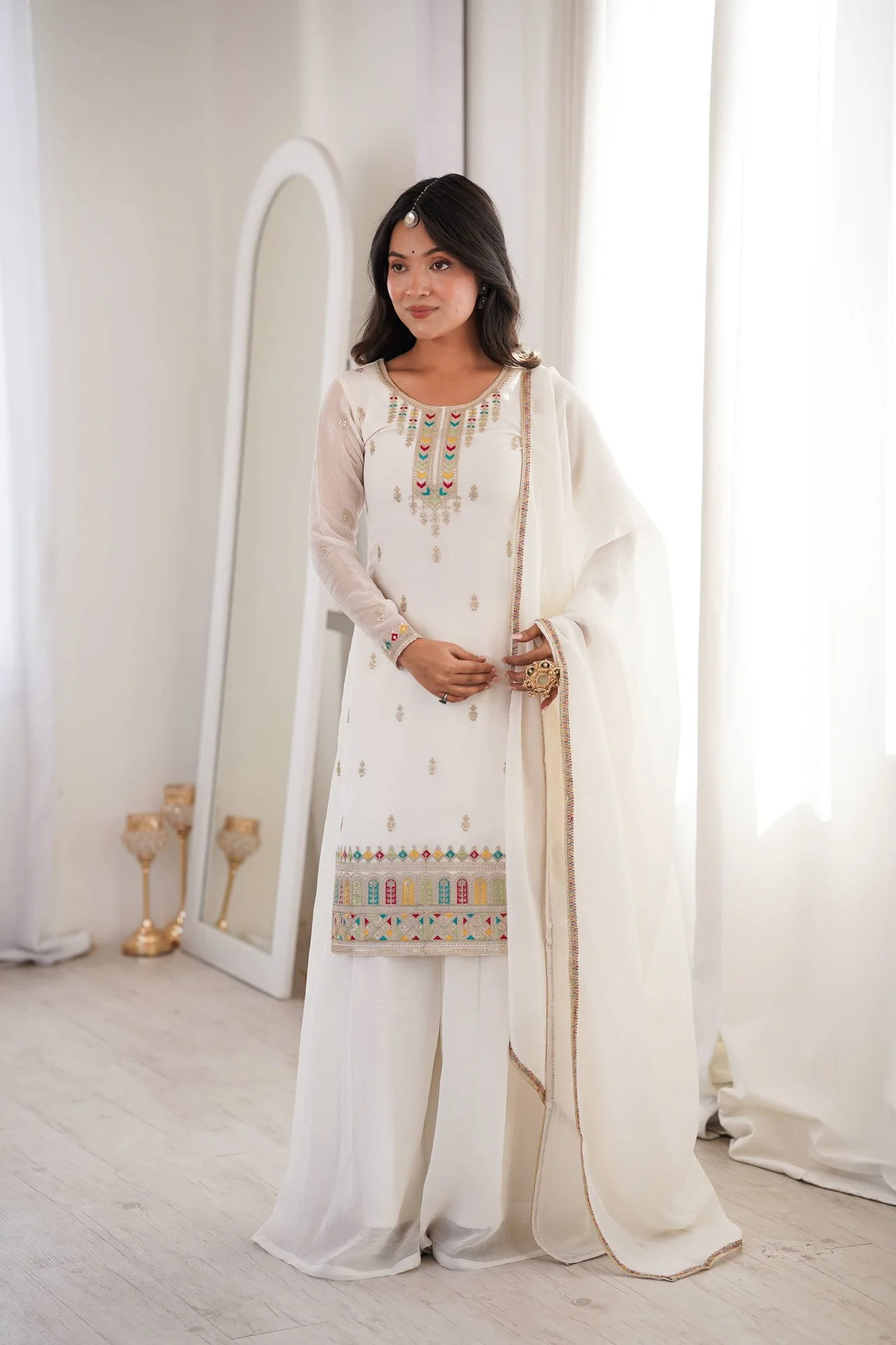 Pure Soft Crunchy Silk Top Sharara Dupatta Set for Women in Off White — photo 4 of 9