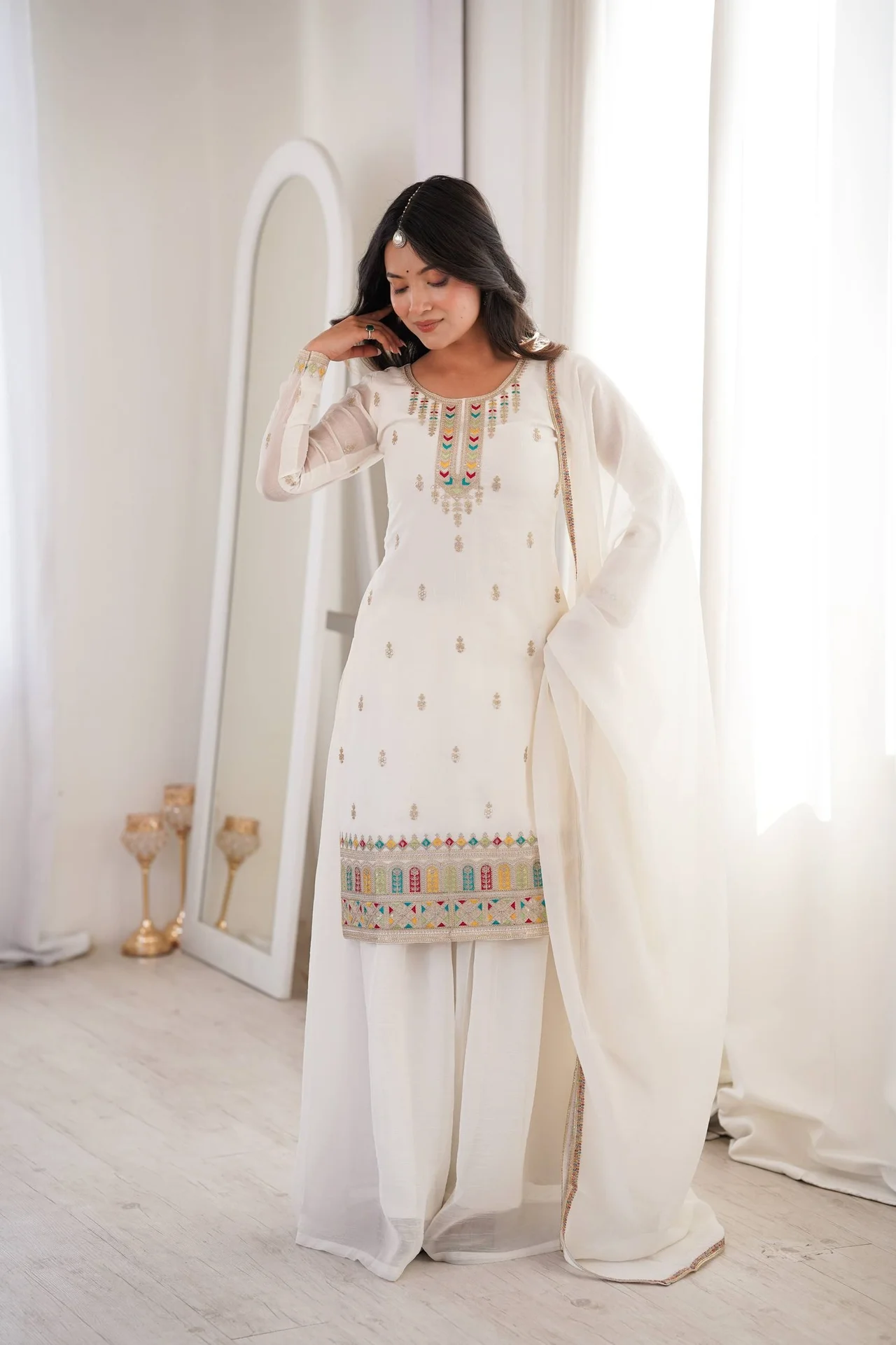 Pure Soft Crunchy Silk Top Sharara Dupatta Set for Women in Off White — photo 5 of 9
