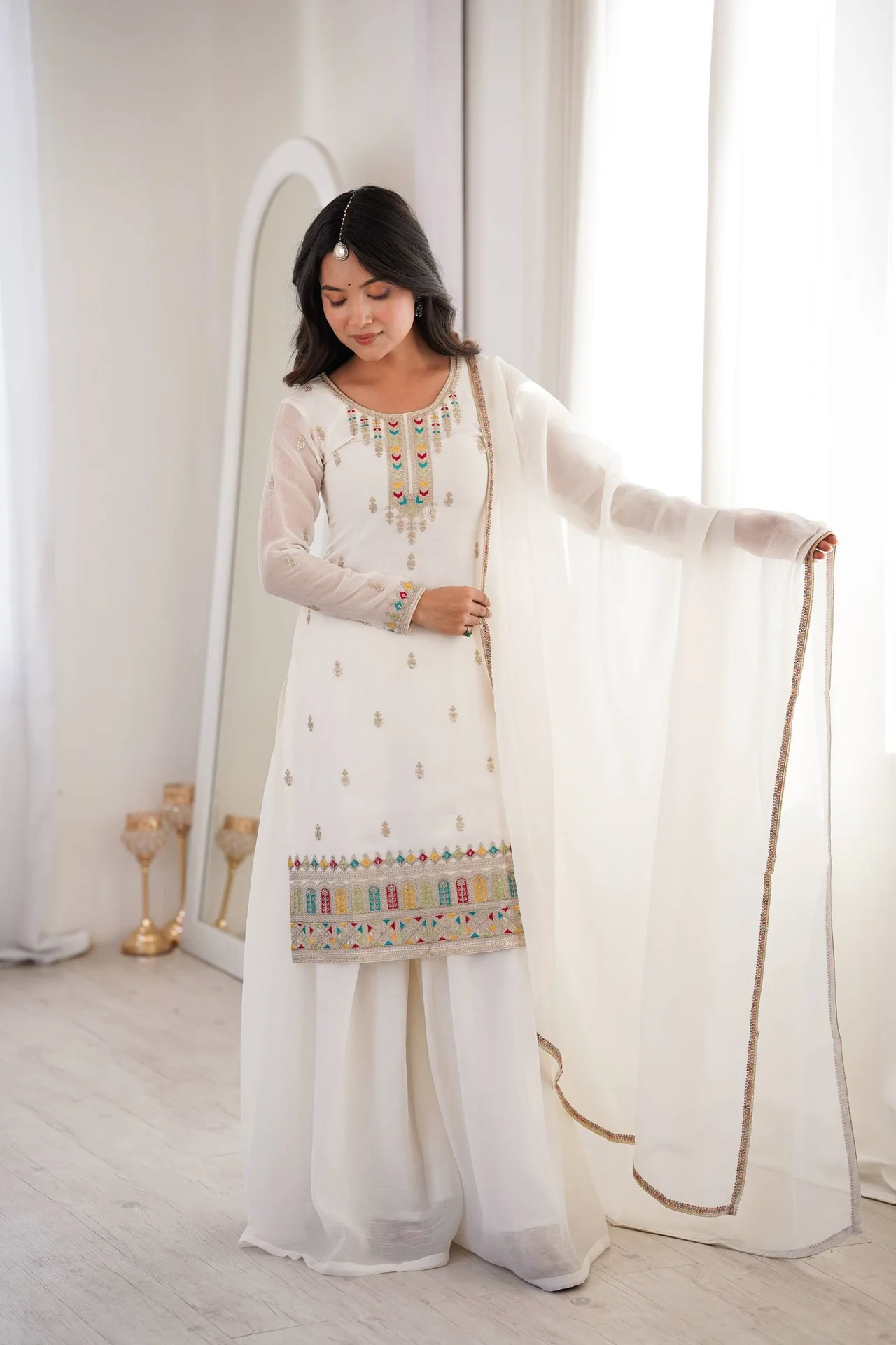 Pure Soft Crunchy Silk Top Sharara Dupatta Set for Women in Off White — photo 6 of 9