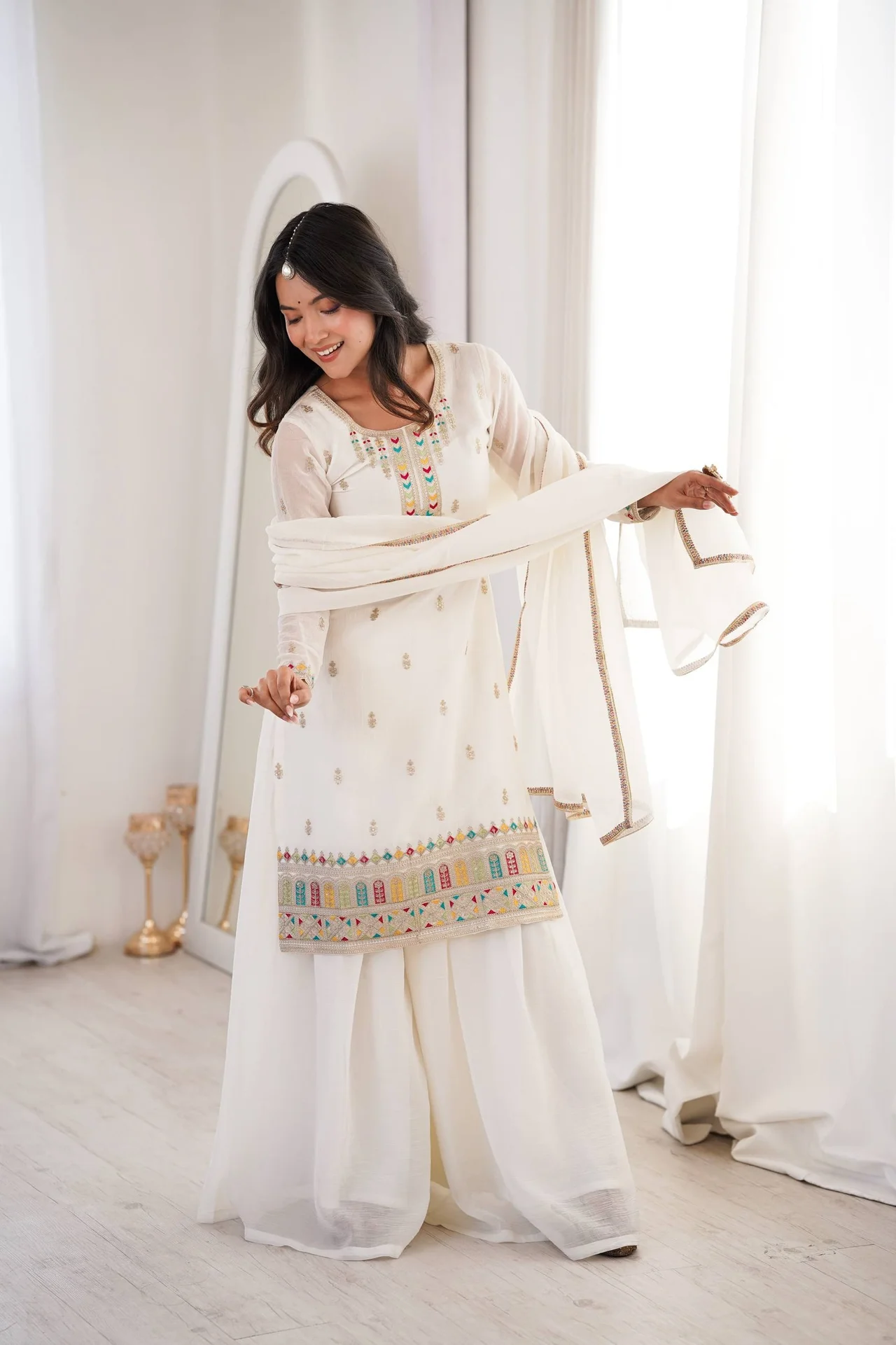 Pure Soft Crunchy Silk Top Sharara Dupatta Set for Women in Off White — photo 7 of 9