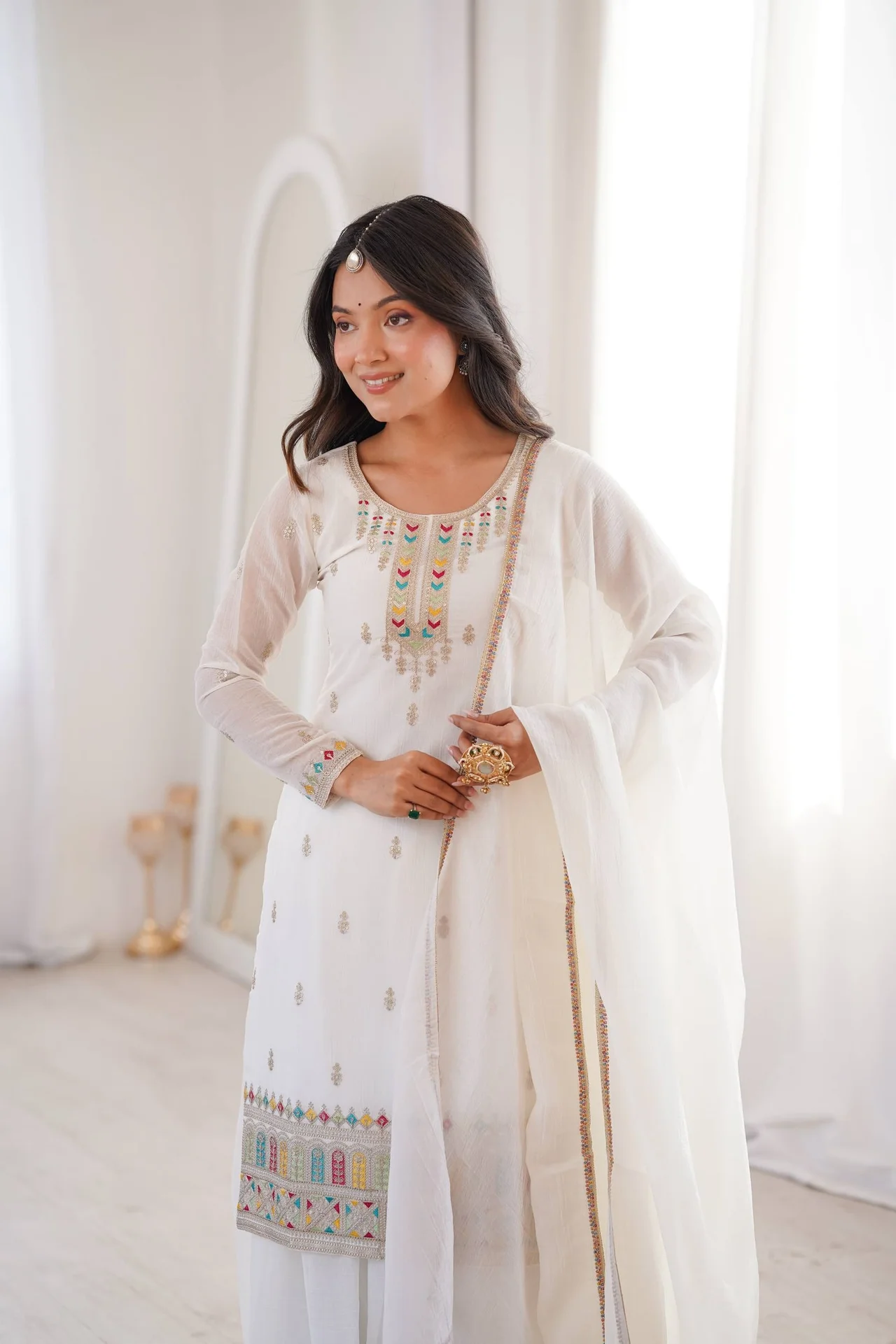 Pure Soft Crunchy Silk Top Sharara Dupatta Set for Women in Off White — photo 8 of 9