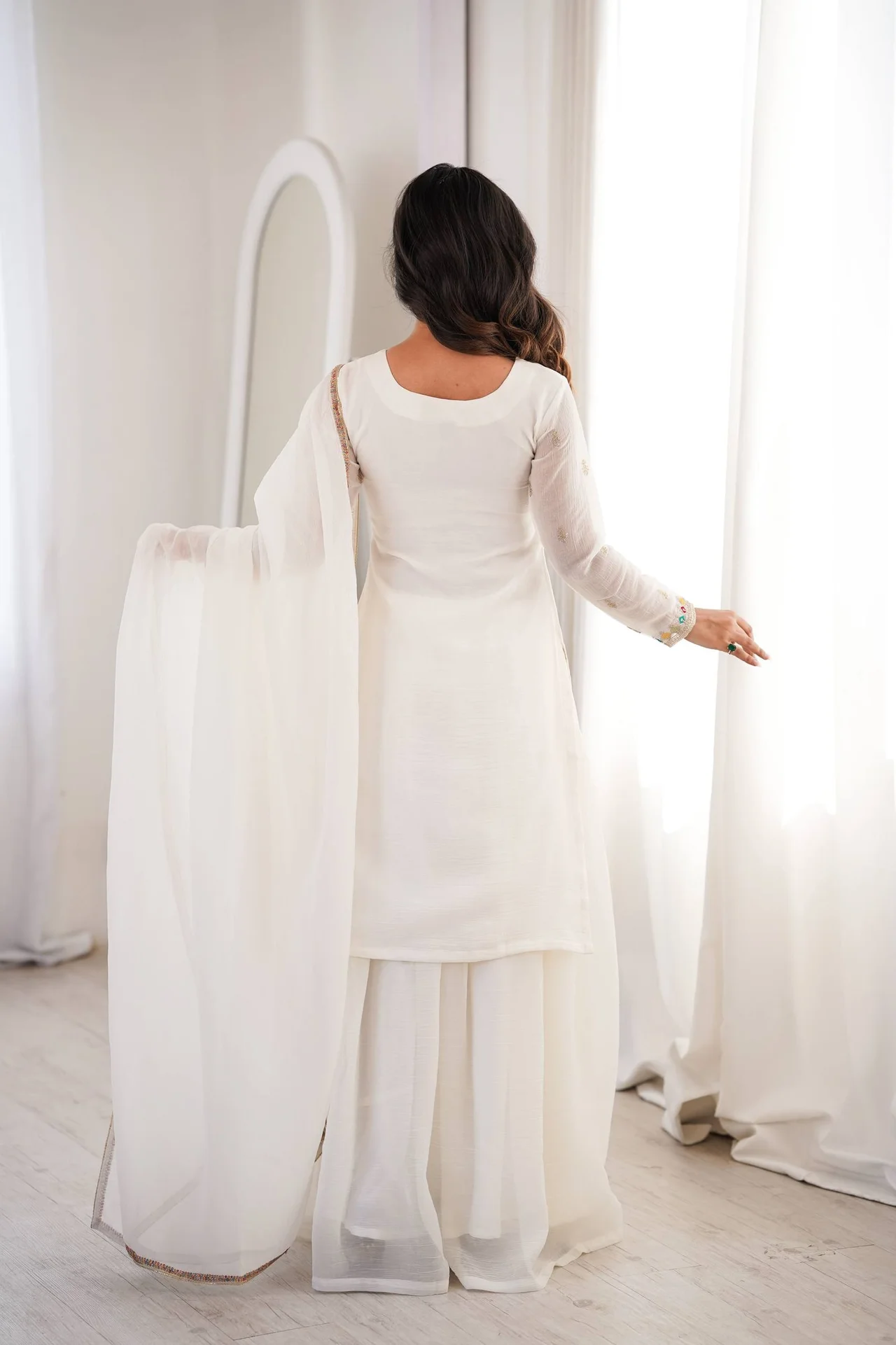 Pure Soft Crunchy Silk Top Sharara Dupatta Set for Women in Off White — photo 9 of 9