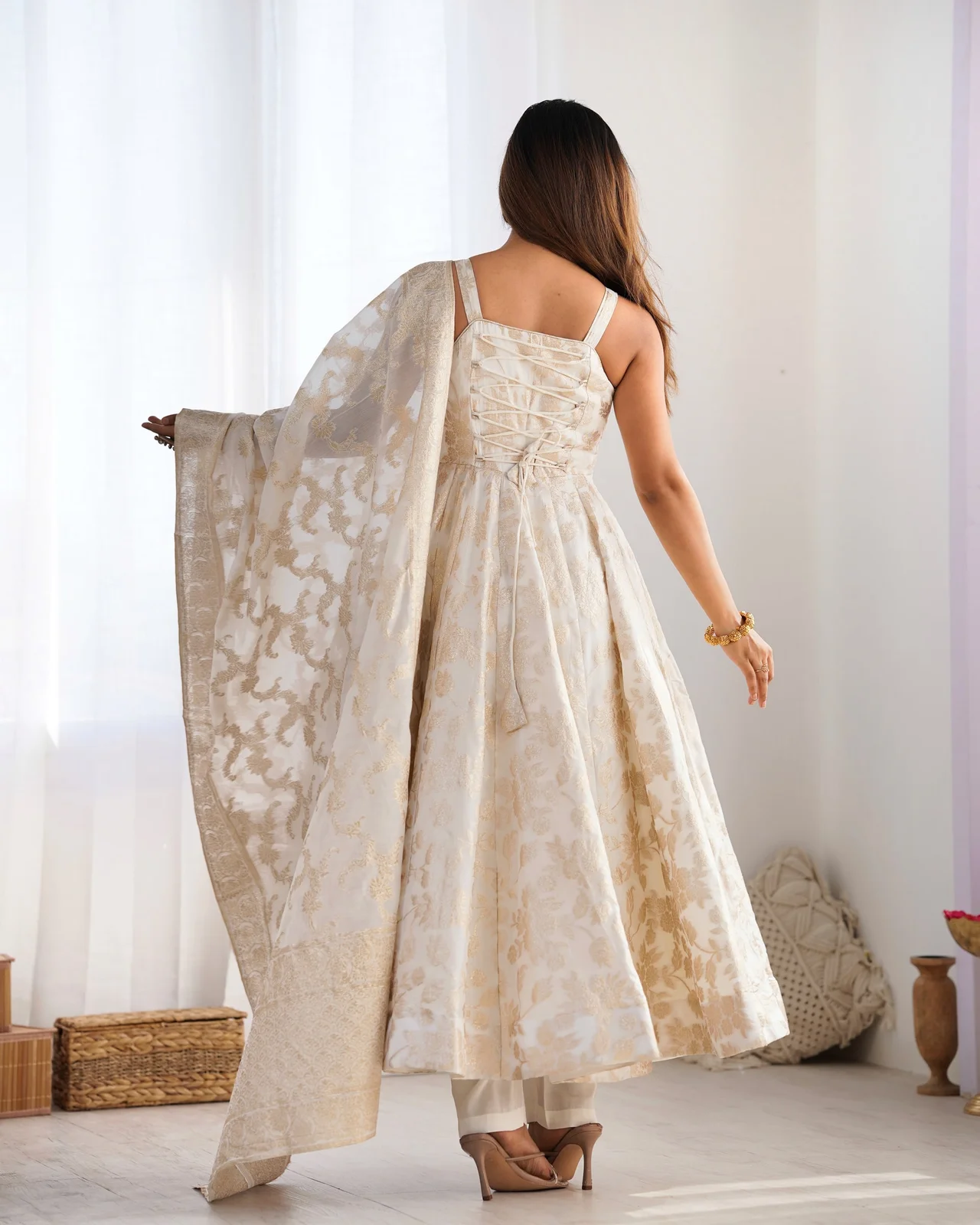 Fancy Banarasi Jacquard Dola Silk Anarkali Suit Set for Women in Off White — photo 3 of 10