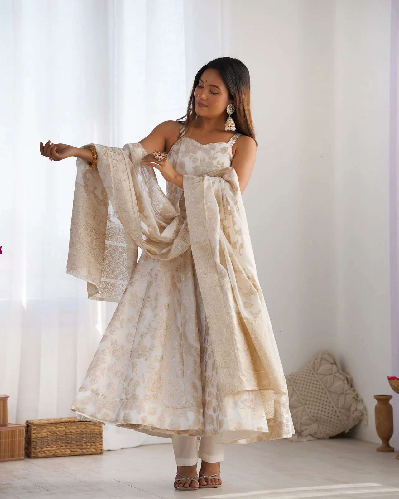 Fancy Banarasi Jacquard Dola Silk Anarkali Suit Set for Women in Off White — photo 4 of 10