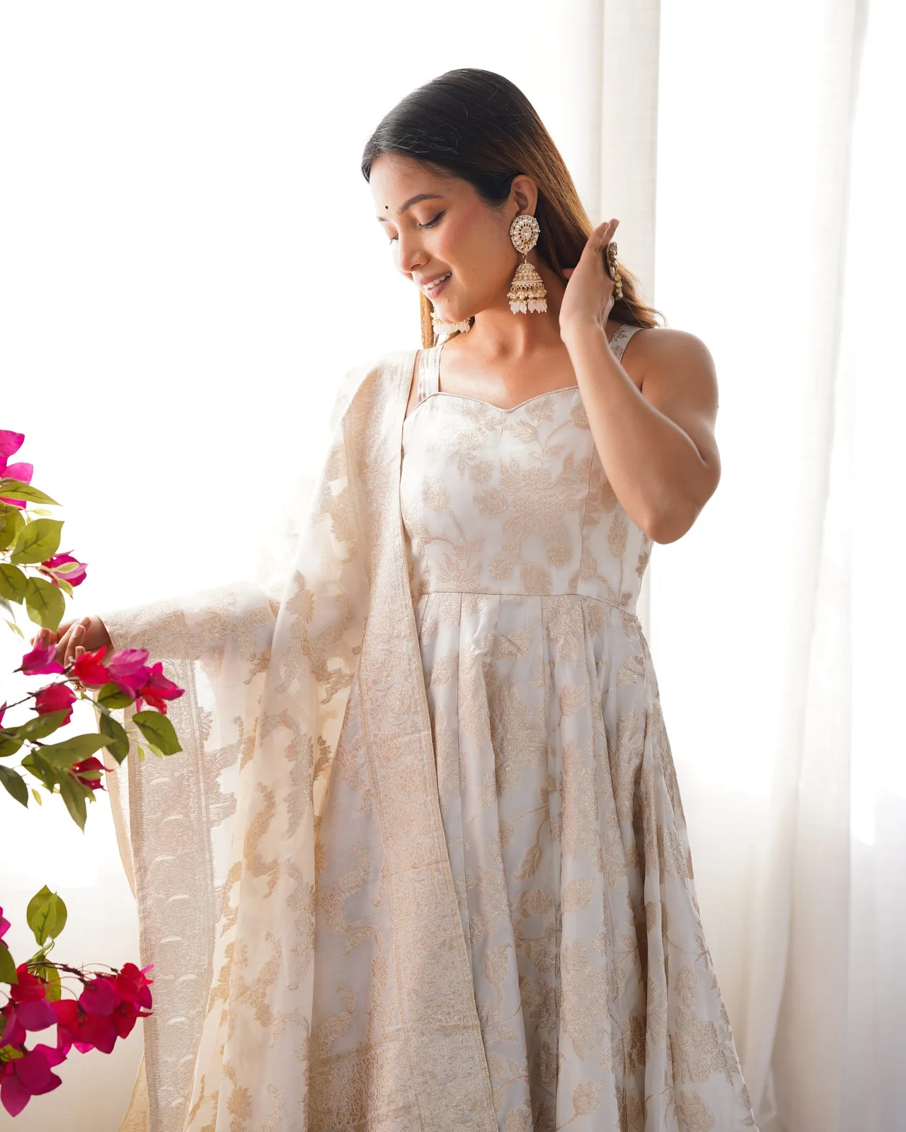 Fancy Banarasi Jacquard Dola Silk Anarkali Suit Set for Women in Off White — photo 6 of 10