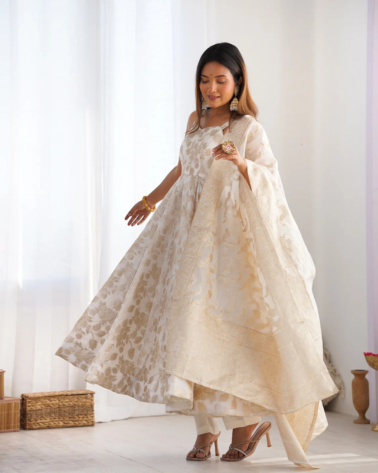 Fancy Banarasi Jacquard Dola Silk Anarkali Suit Set for Women in Off White — photo 7 of 10