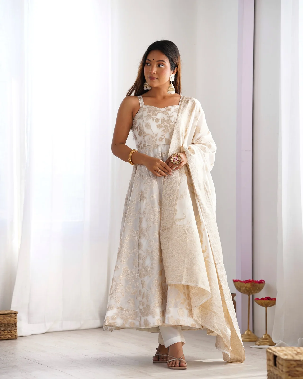 Fancy Banarasi Jacquard Dola Silk Anarkali Suit Set for Women in Off White — photo 8 of 10