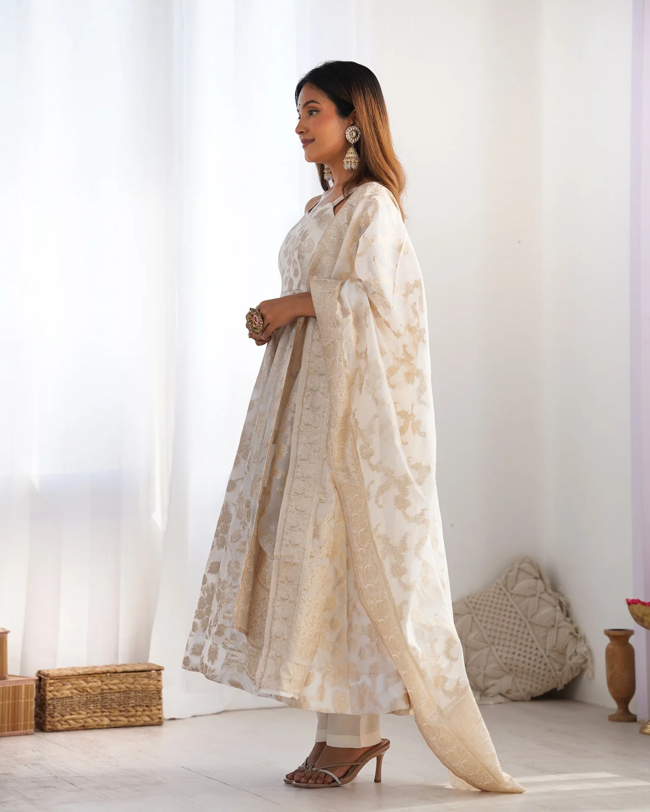 Fancy Banarasi Jacquard Dola Silk Anarkali Suit Set for Women in Off White — photo 9 of 10