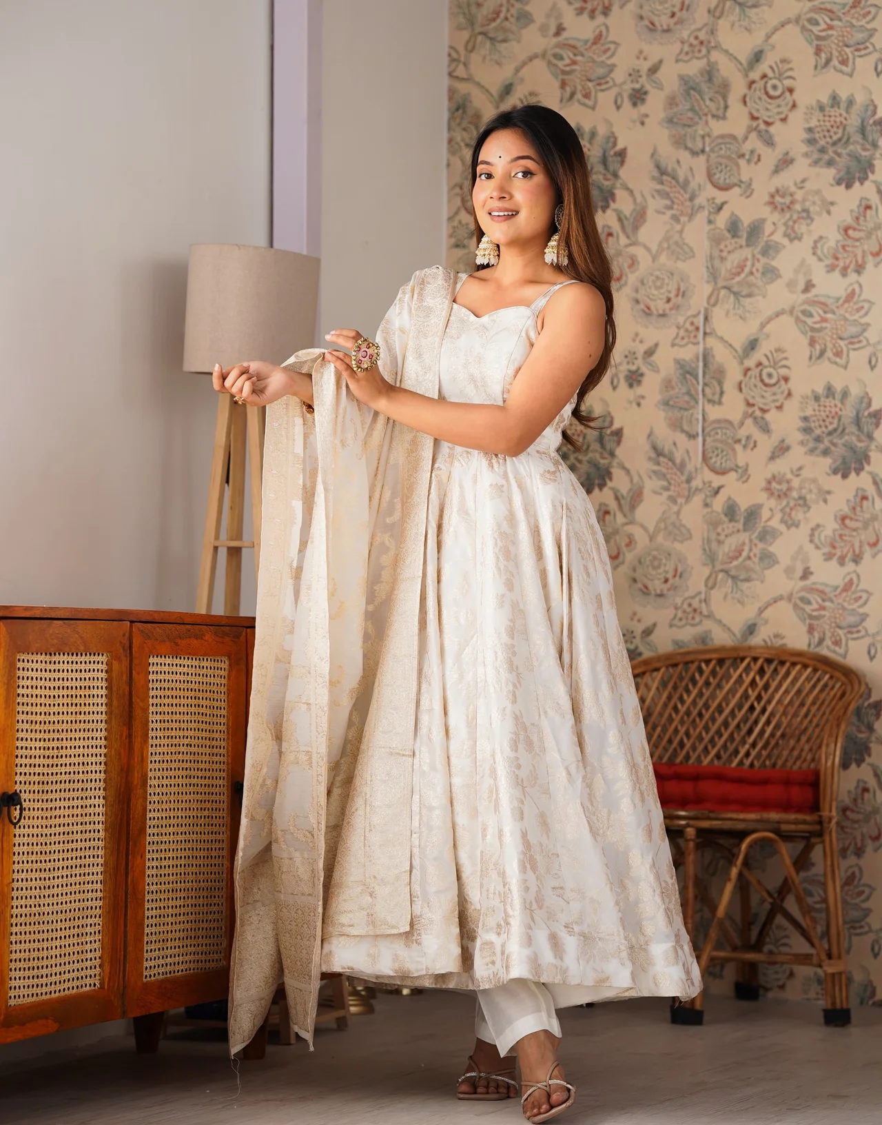 Fancy Banarasi Jacquard Dola Silk Anarkali Suit Set for Women in Off White — photo 10 of 10