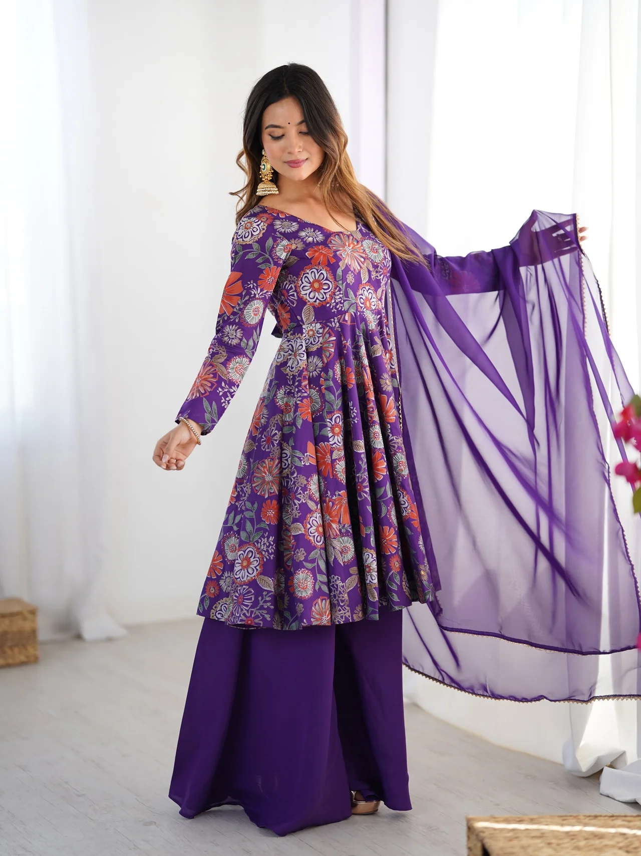 Roman Silk Chanderi Discharge Print Kediya Kurta Set for Women in Purple — photo 3 of 8