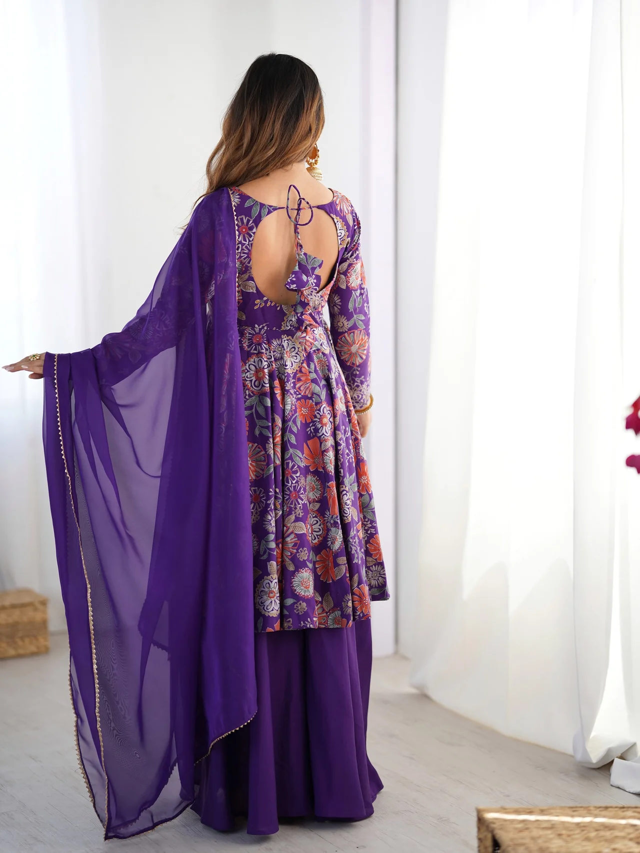 Roman Silk Chanderi Discharge Print Kediya Kurta Set for Women in Purple — photo 4 of 8