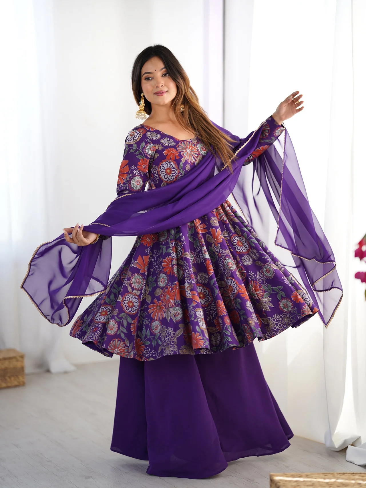 Roman Silk Chanderi Discharge Print Kediya Kurta Set for Women in Purple — photo 5 of 8