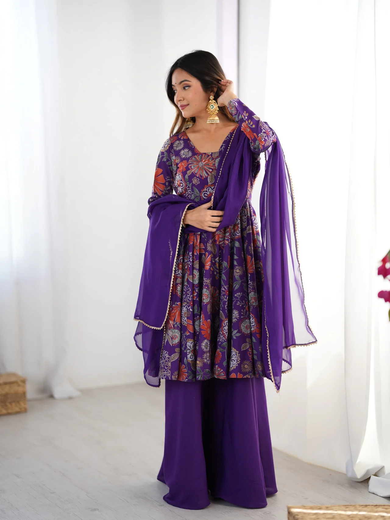 Roman Silk Chanderi Discharge Print Kediya Kurta Set for Women in Purple — photo 6 of 8