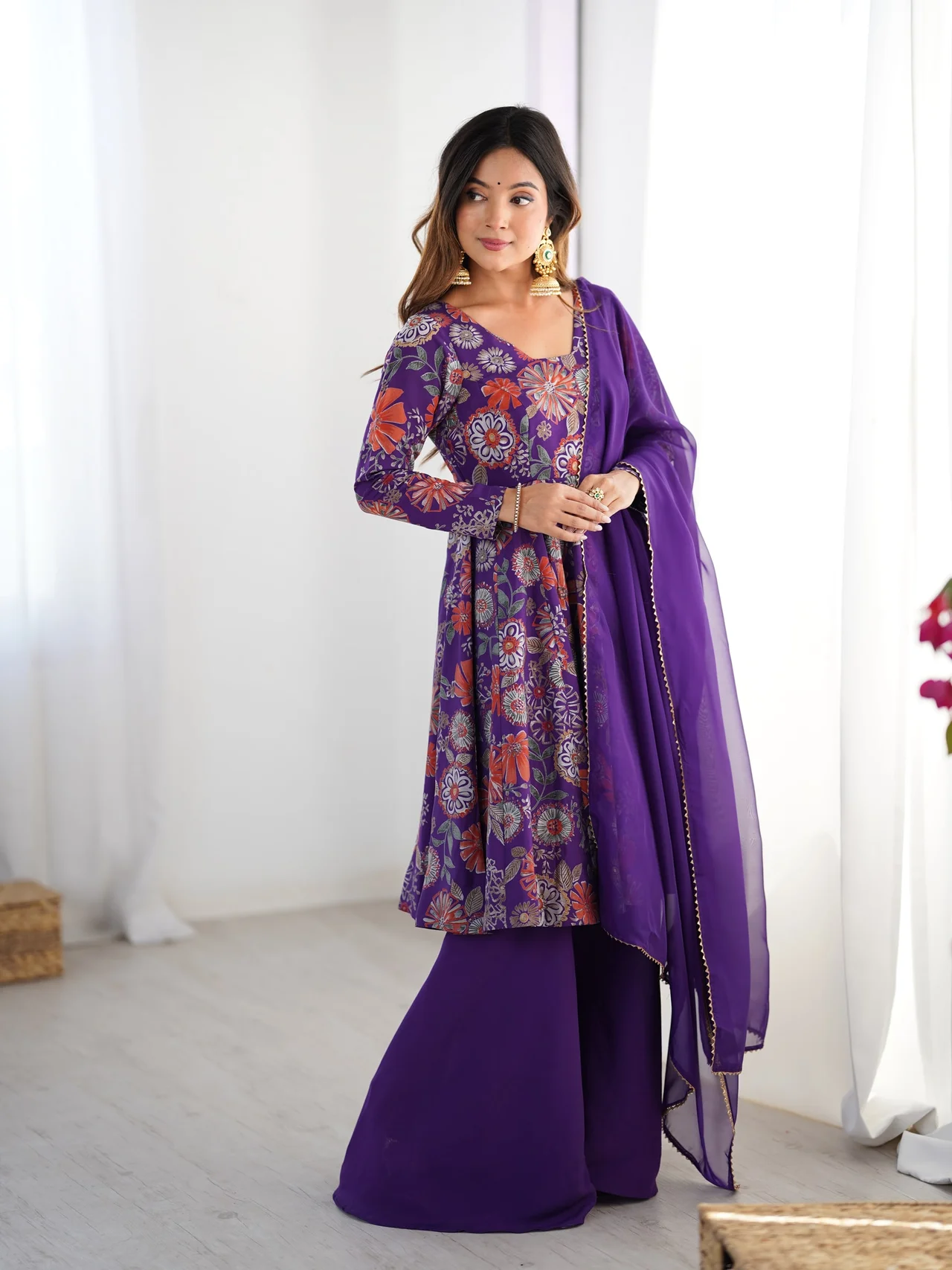 Roman Silk Chanderi Discharge Print Kediya Kurta Set for Women in Purple — photo 7 of 8
