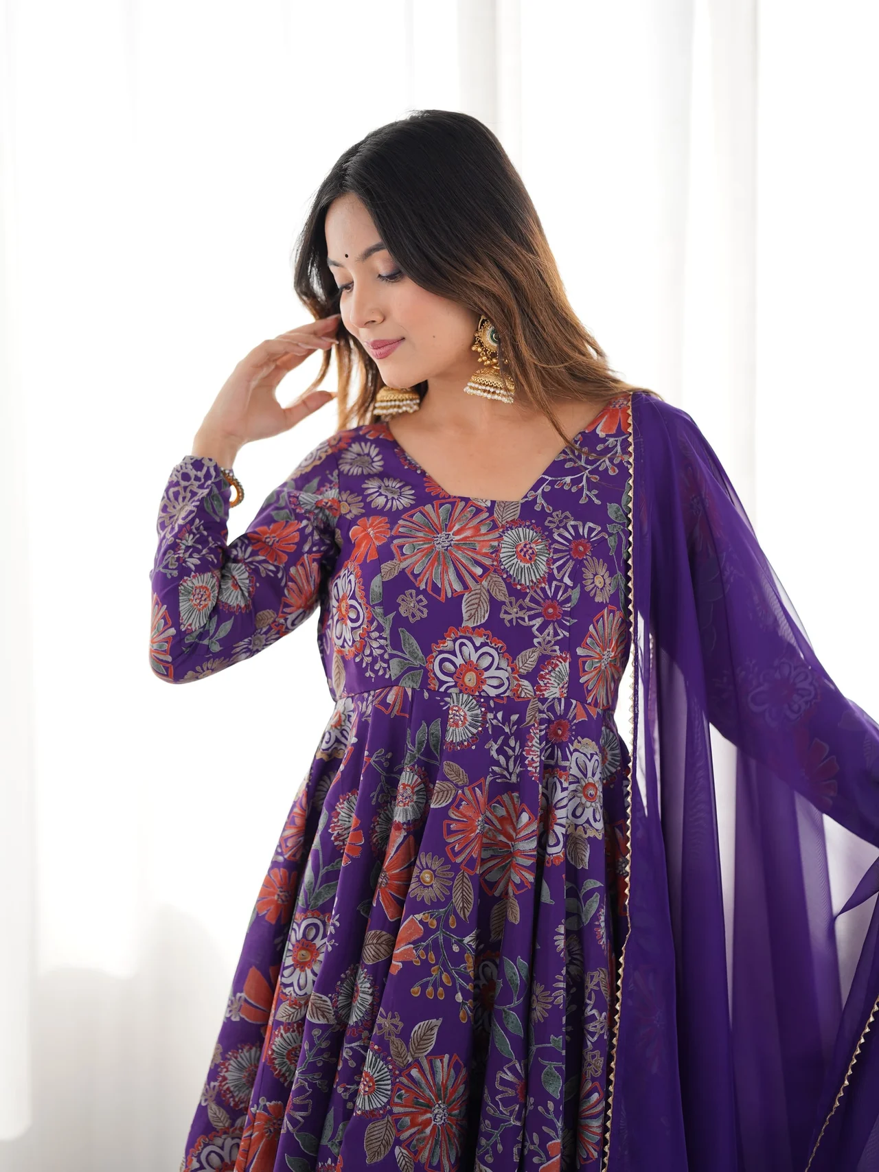 Roman Silk Chanderi Discharge Print Kediya Kurta Set for Women in Purple — photo 8 of 8