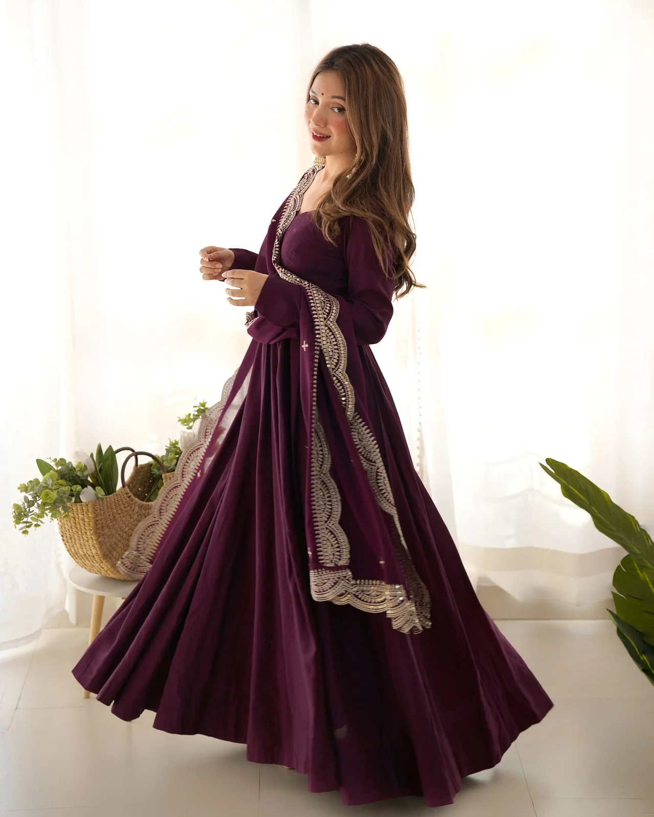 Premium Pure Romansilk Chanderi 16 Kali Anarkali Gown with Fox Georgette Embroidered Dupatta & Ready-to-Wear Pant in Wine — photo 2 of 6