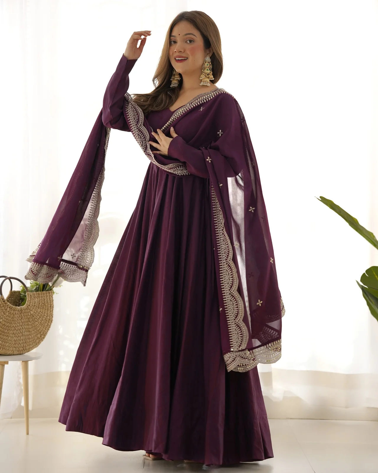 Premium Pure Romansilk Chanderi 16 Kali Anarkali Gown with Fox Georgette Embroidered Dupatta & Ready-to-Wear Pant in Wine — photo 4 of 6
