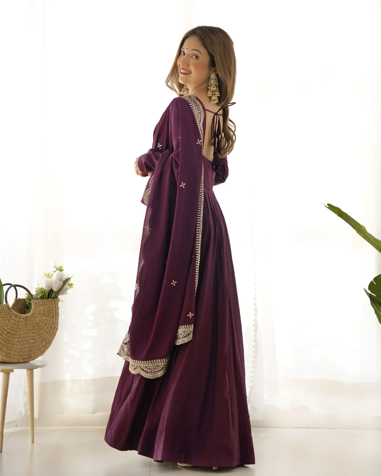 Premium Pure Romansilk Chanderi 16 Kali Anarkali Gown with Fox Georgette Embroidered Dupatta & Ready-to-Wear Pant in Wine — photo 5 of 6