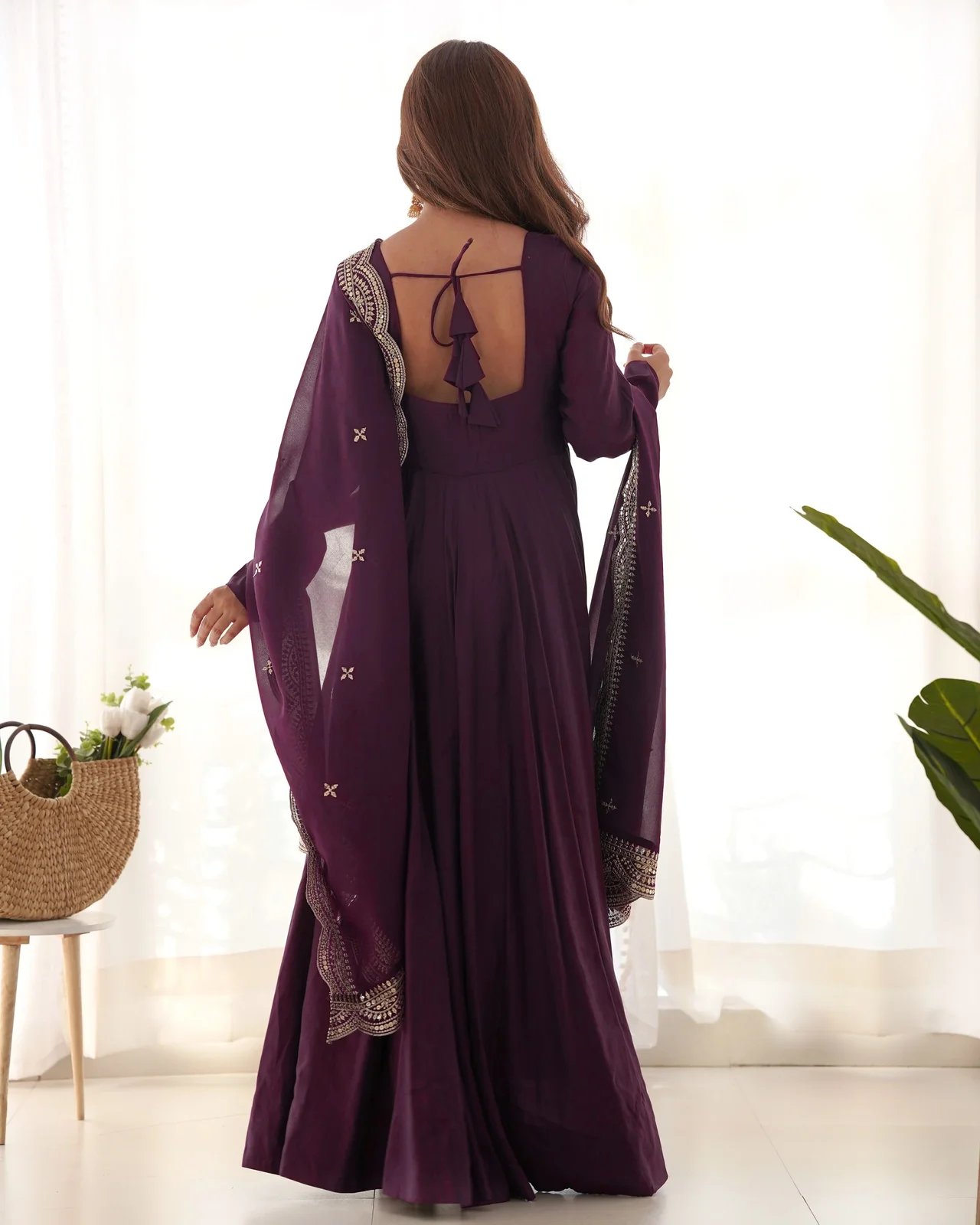 Premium Pure Romansilk Chanderi 16 Kali Anarkali Gown with Fox Georgette Embroidered Dupatta & Ready-to-Wear Pant in Wine — photo 6 of 6