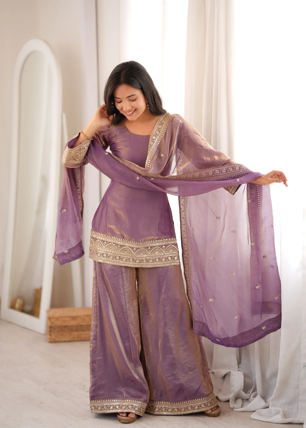 Premium Frendy Silk Kurta Palazzo Set with Dupatta in Onion Pink — photo 2 of 6