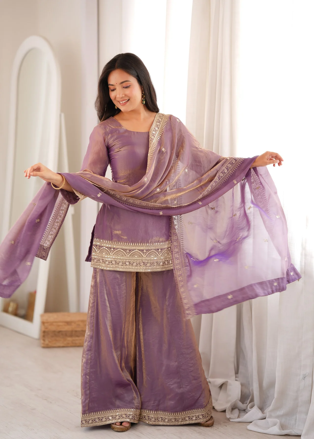 Premium Frendy Silk Kurta Palazzo Set with Dupatta in Onion Pink — photo 6 of 6
