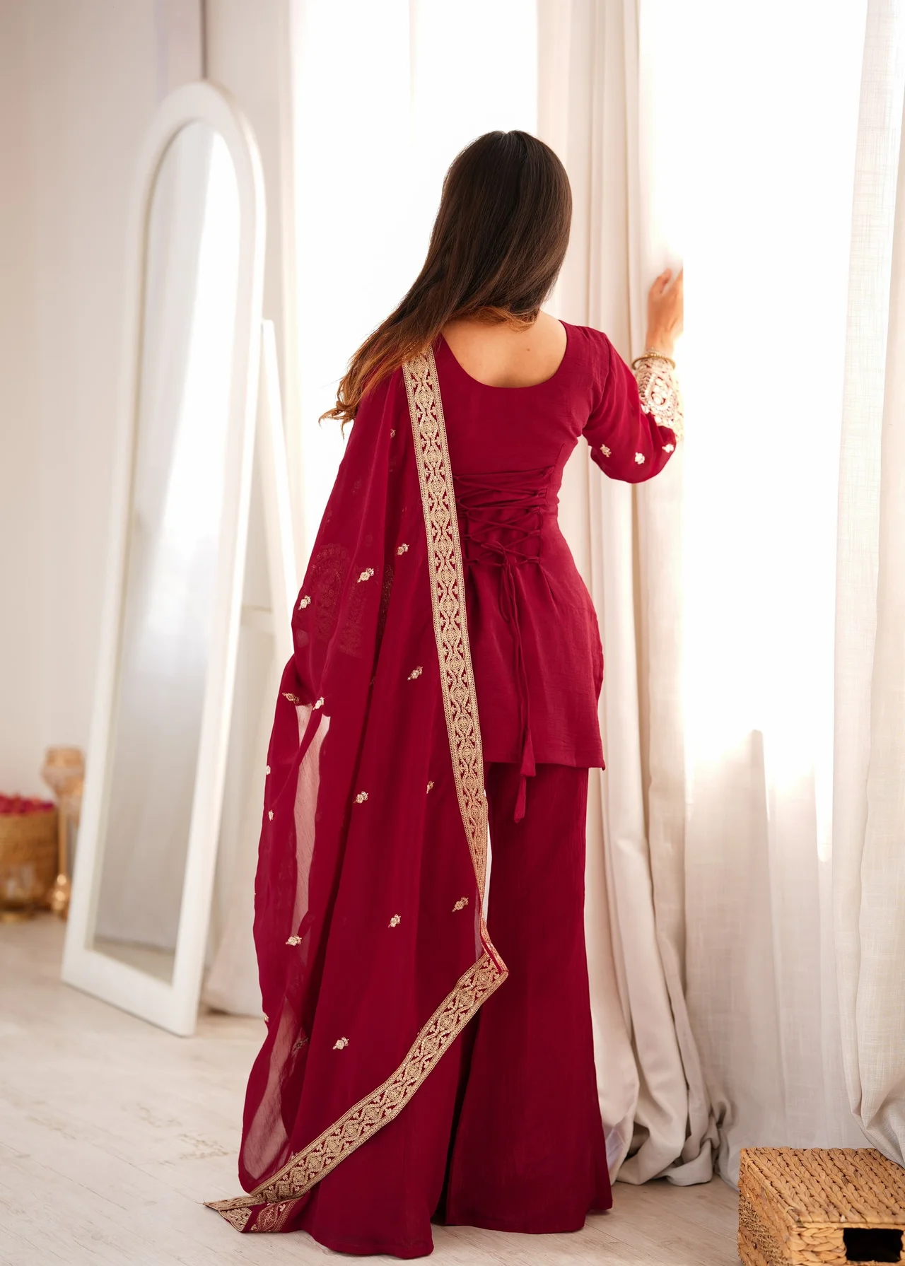 Premium Crunchy Silk Kurta Bell Bottom Pant Set with Dupatta in Maroon — photo 2 of 9