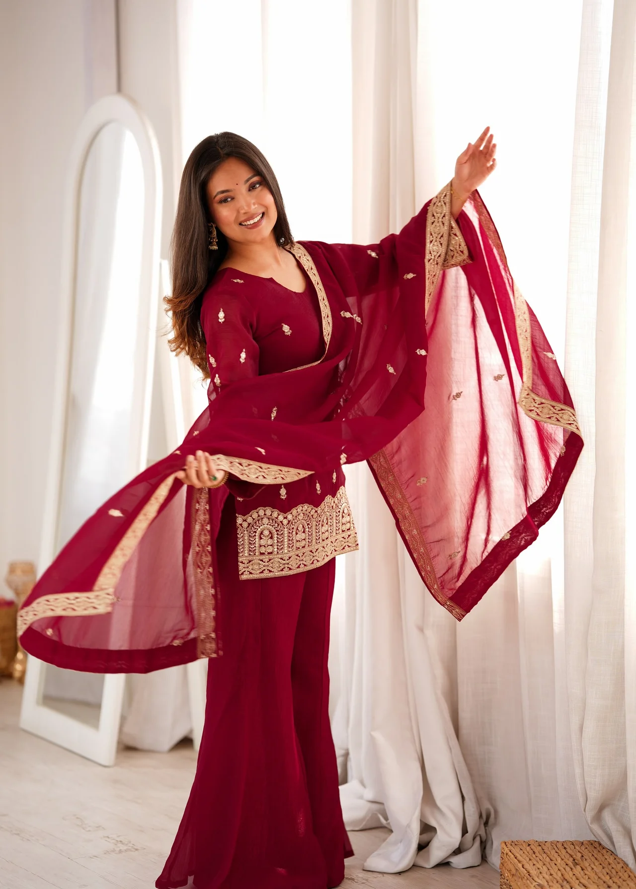 Premium Crunchy Silk Kurta Bell Bottom Pant Set with Dupatta in Maroon — photo 3 of 9