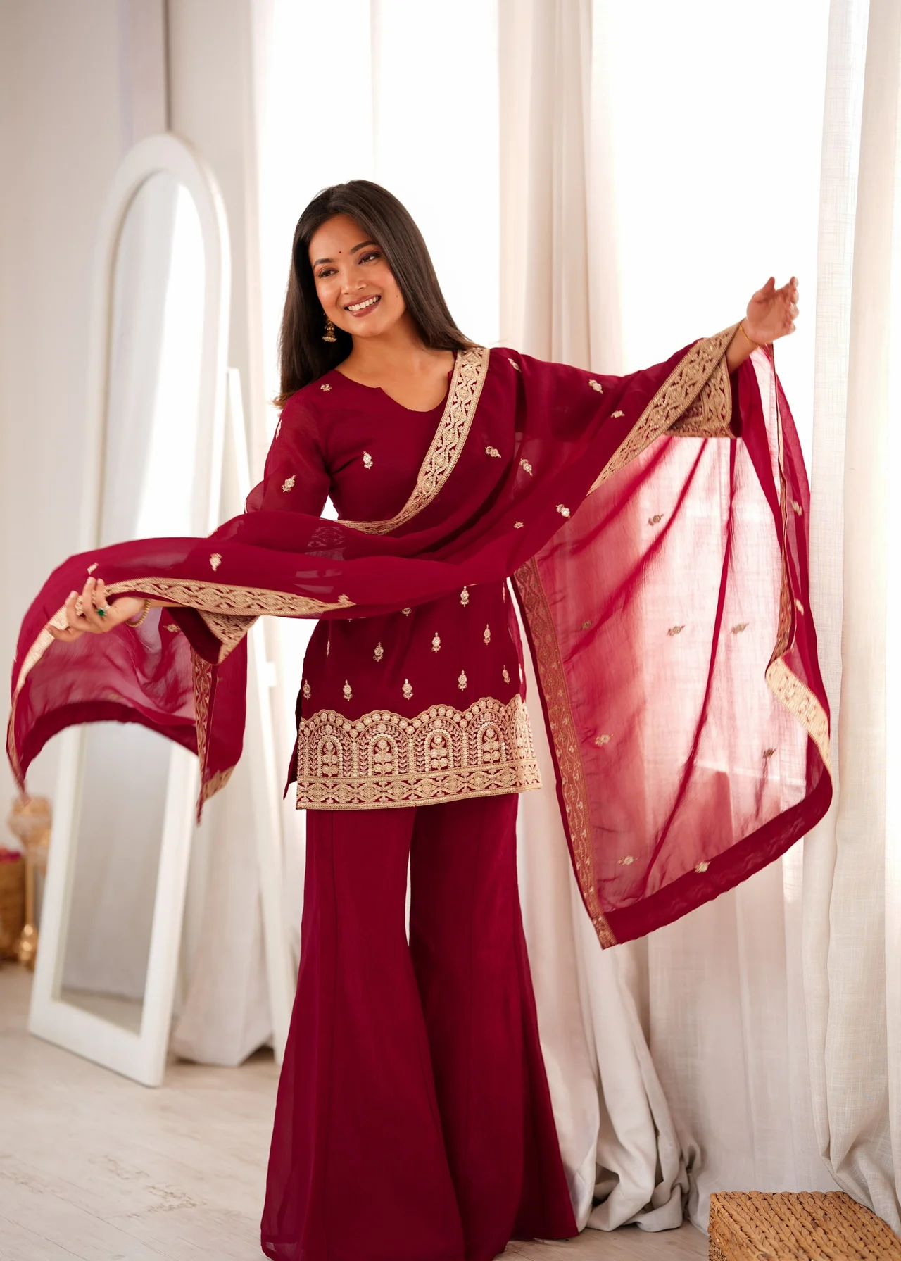 Premium Crunchy Silk Kurta Bell Bottom Pant Set with Dupatta in Maroon — photo 4 of 9