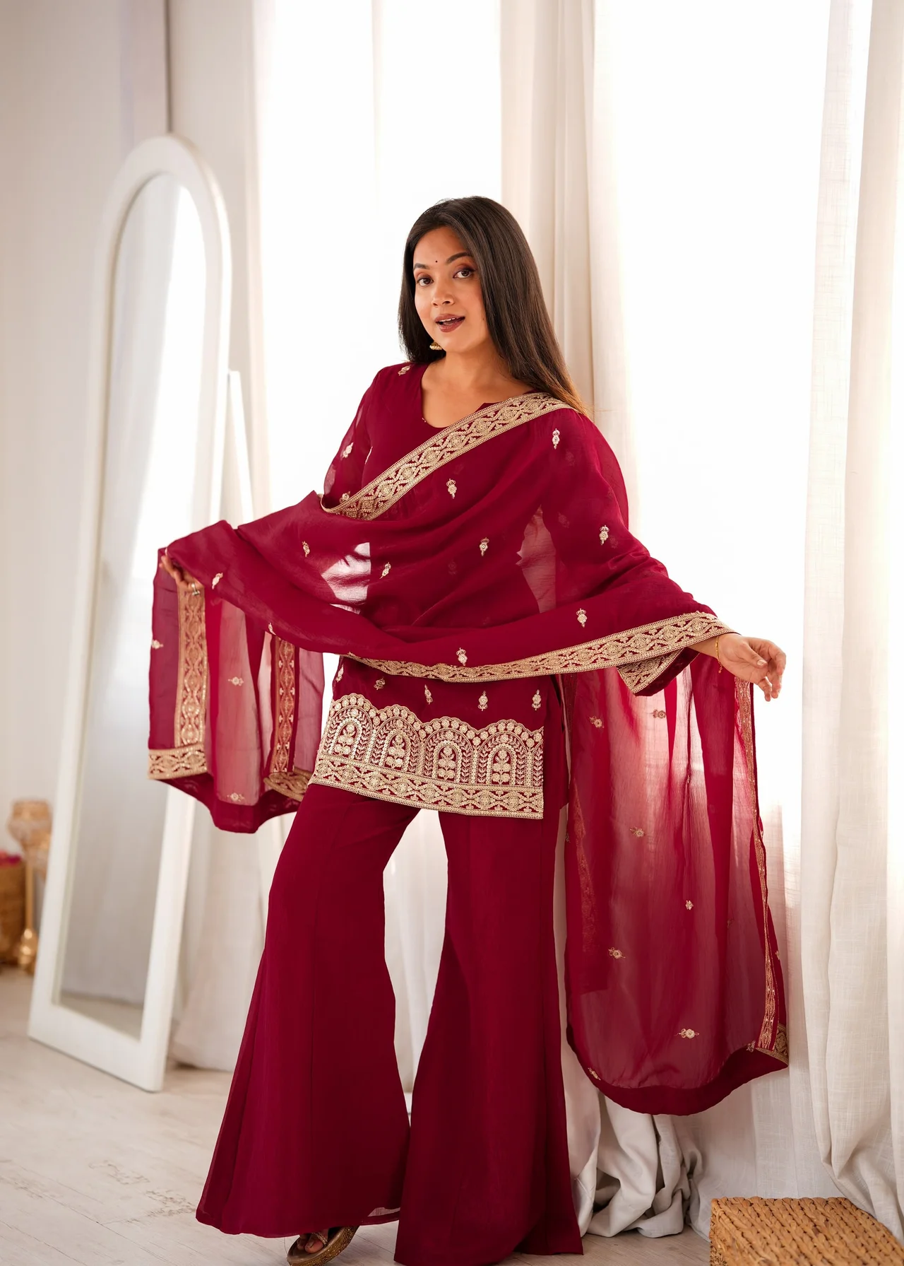 Premium Crunchy Silk Kurta Bell Bottom Pant Set with Dupatta in Maroon — photo 5 of 9
