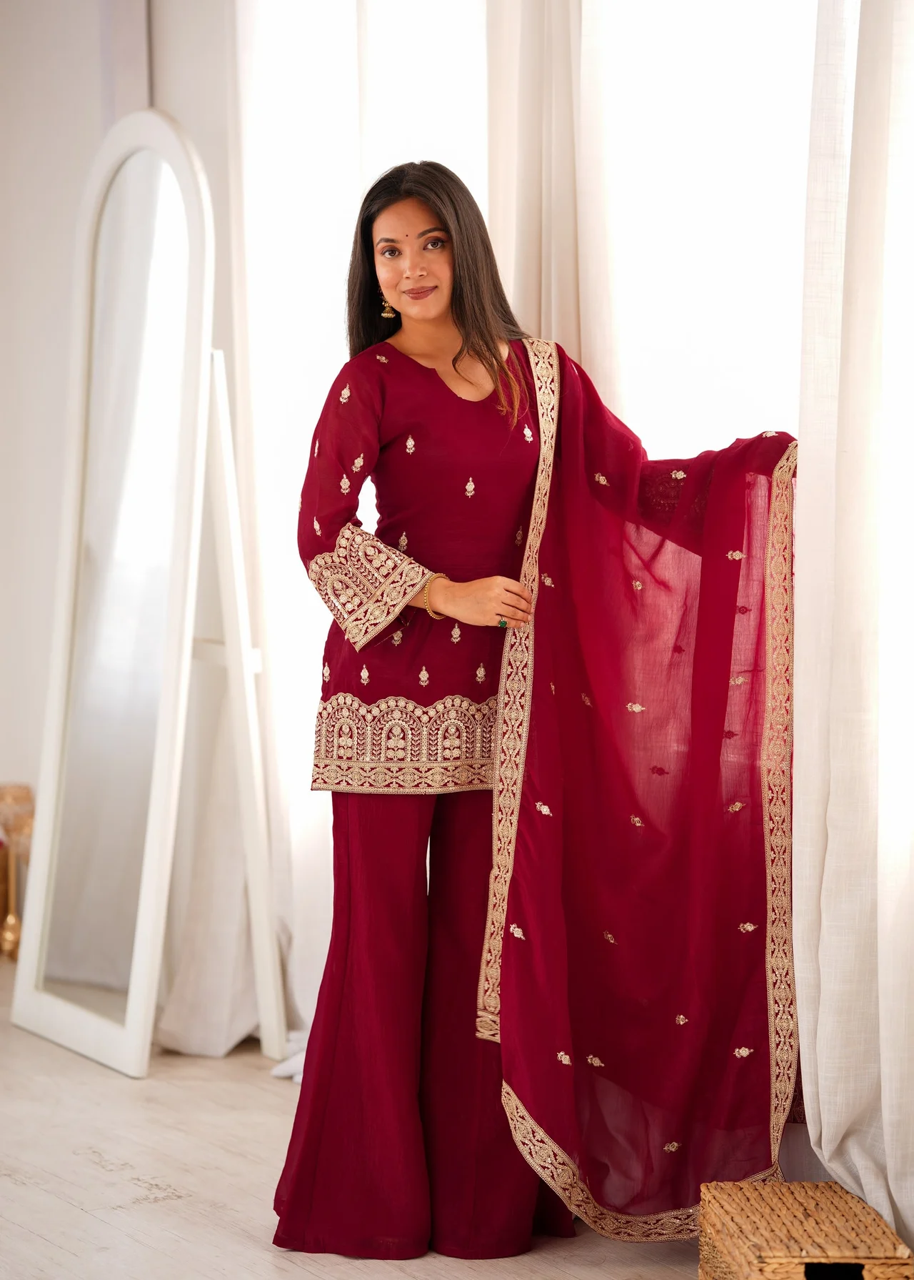 Premium Crunchy Silk Kurta Bell Bottom Pant Set with Dupatta in Maroon — photo 6 of 9