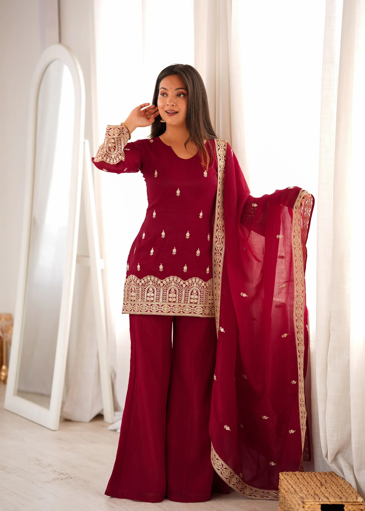 Premium Crunchy Silk Kurta Bell Bottom Pant Set with Dupatta in Maroon — photo 7 of 9
