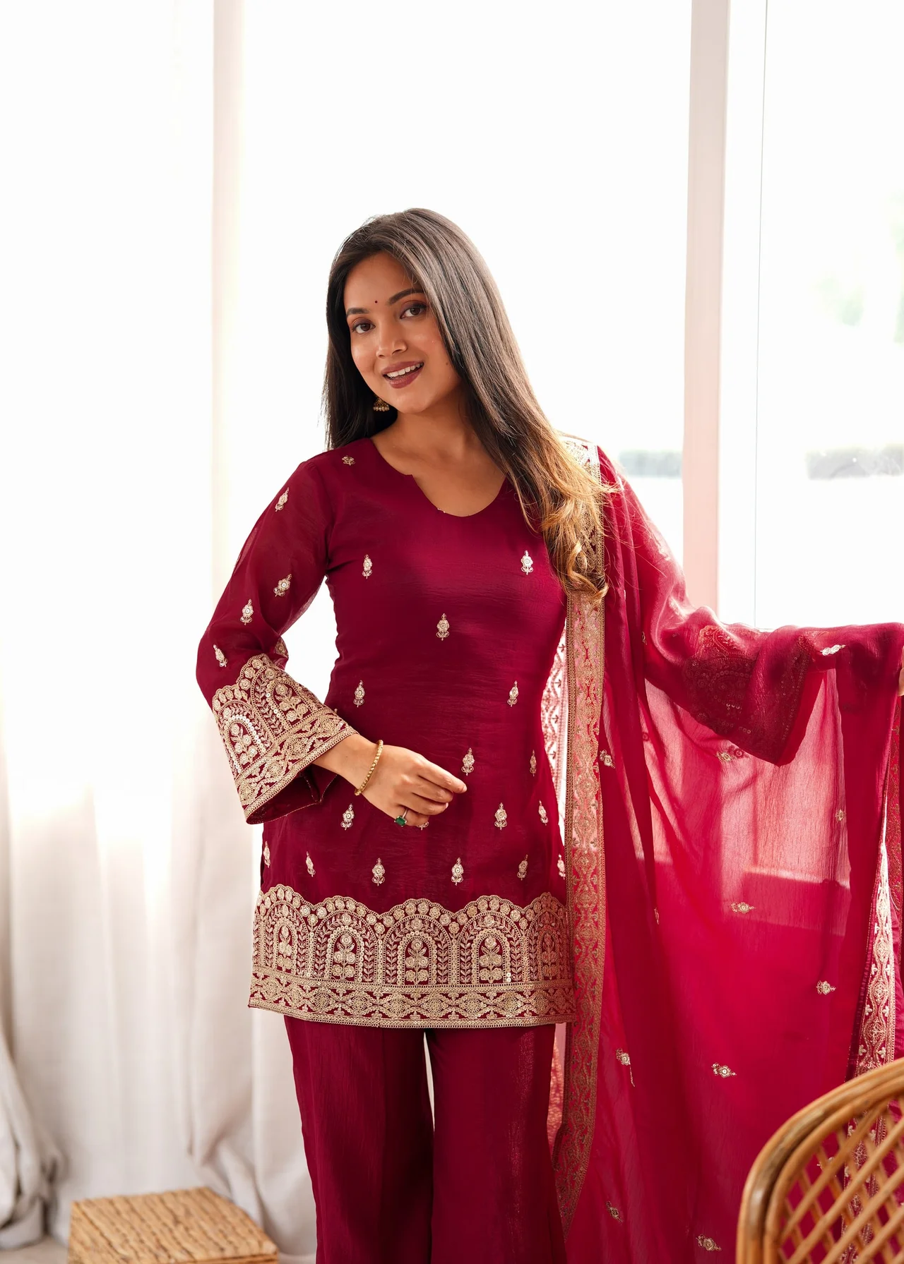 Premium Crunchy Silk Kurta Bell Bottom Pant Set with Dupatta in Maroon — photo 8 of 9