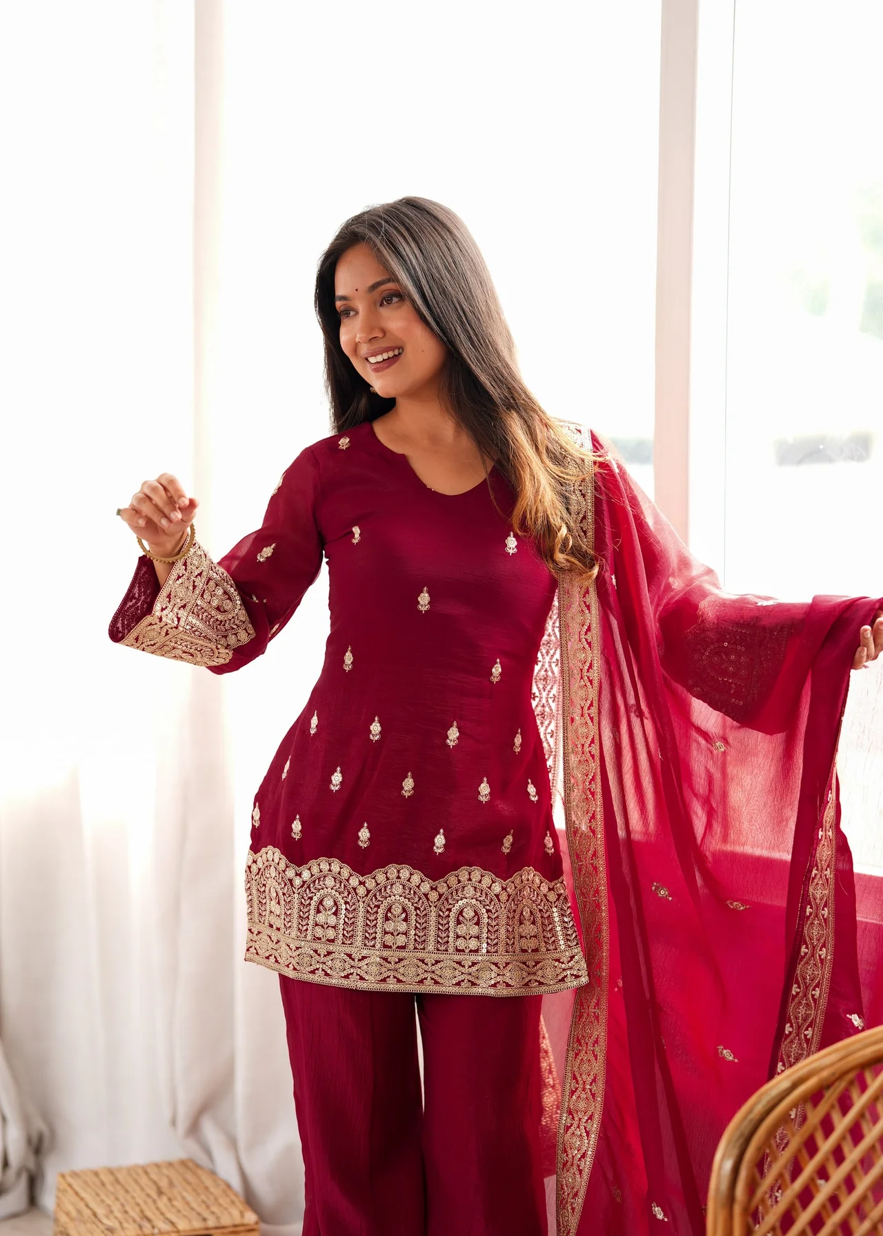 Premium Crunchy Silk Kurta Bell Bottom Pant Set with Dupatta in Maroon — photo 9 of 9