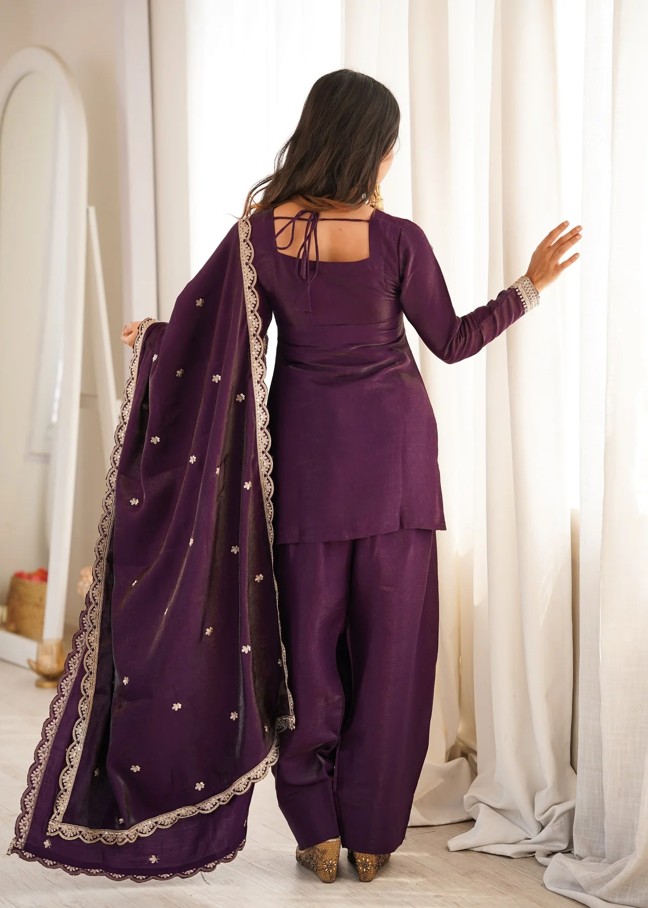 Glass Roman Silk Embroidered Kurta Set with Farshi Shalwar & Dupatta in Purple — photo 5 of 8