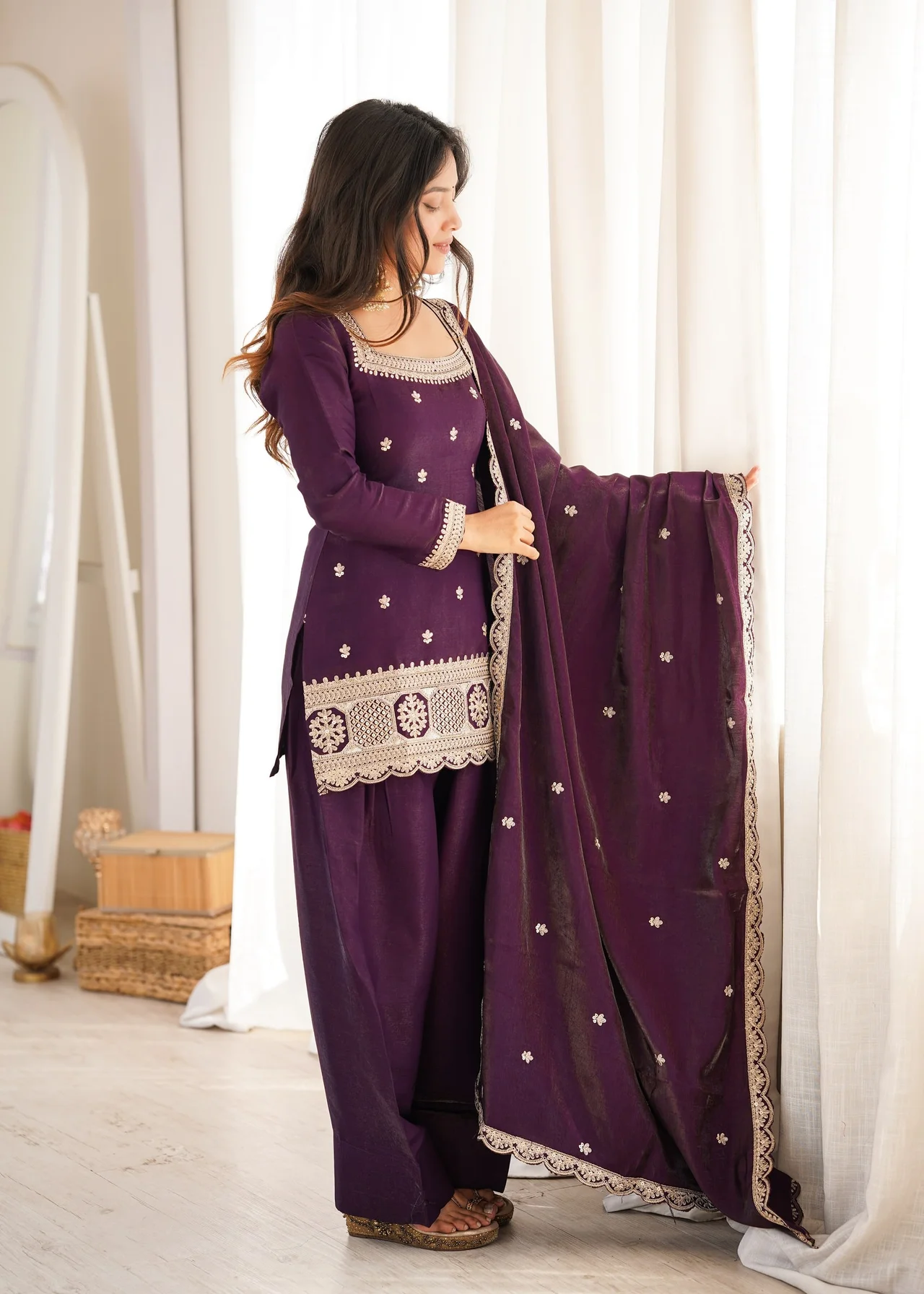 Glass Roman Silk Embroidered Kurta Set with Farshi Shalwar & Dupatta in Purple — photo 6 of 8