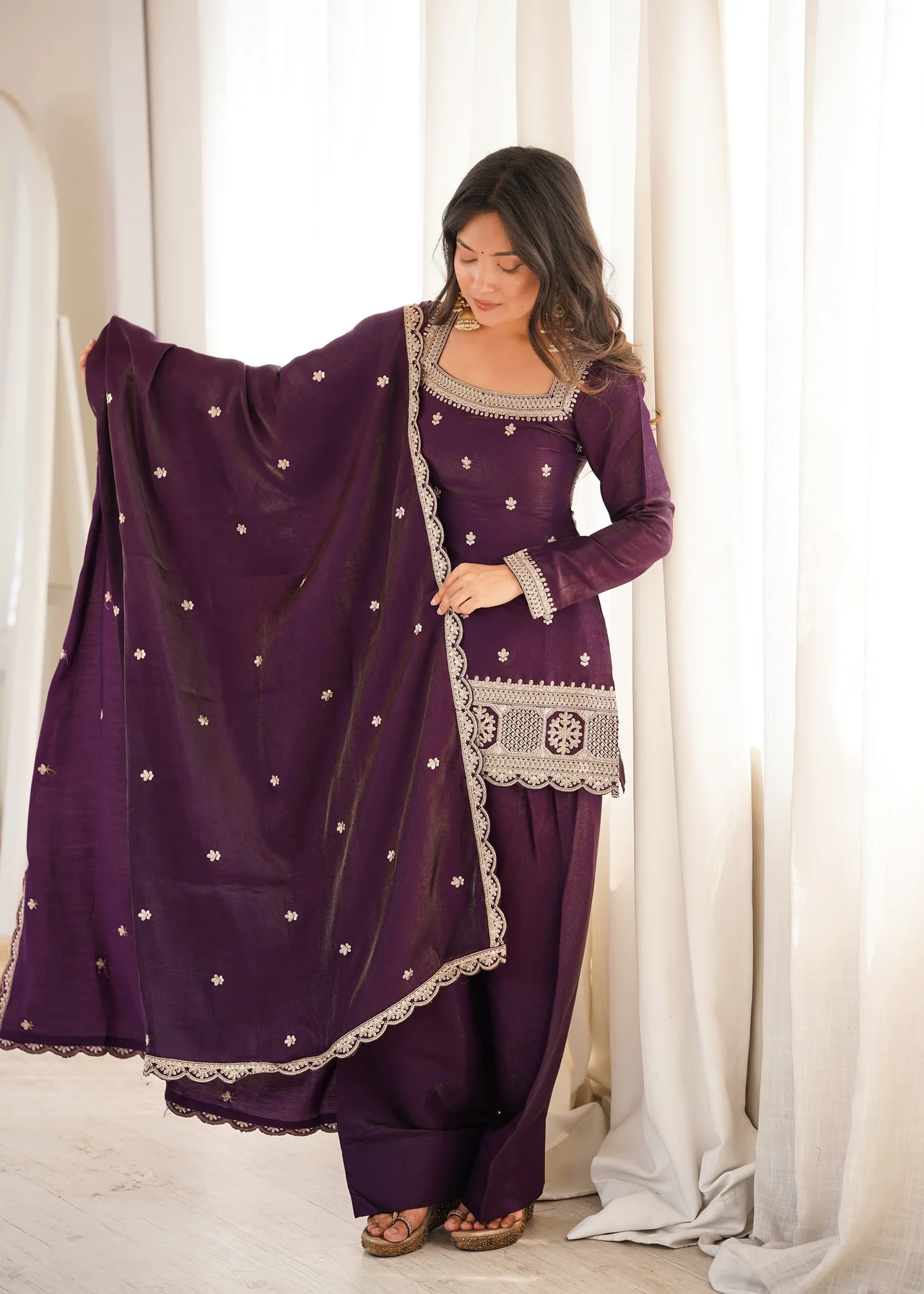 Glass Roman Silk Embroidered Kurta Set with Farshi Shalwar & Dupatta in Purple — photo 8 of 8