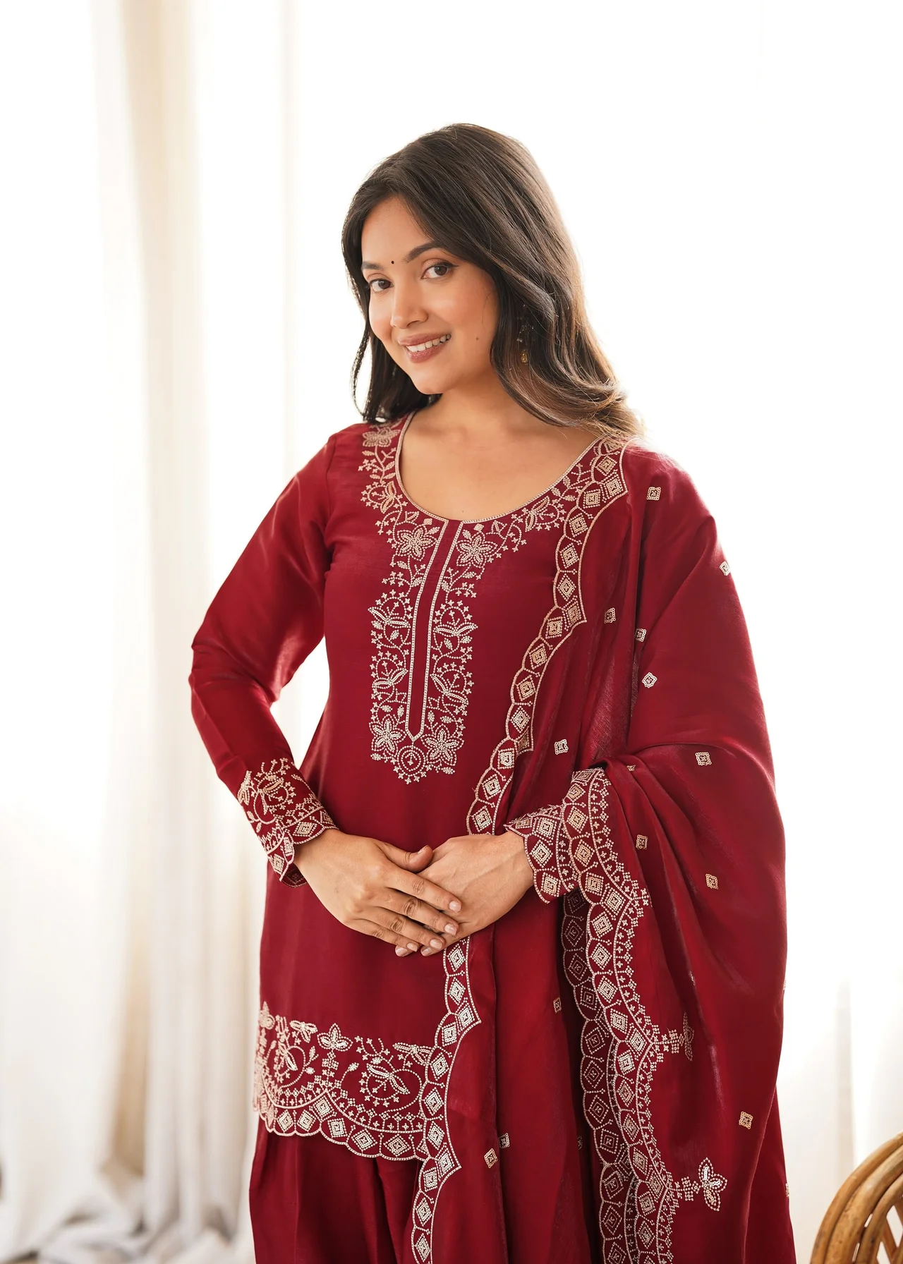 Glass Roman Silk Embroidered Kurta Set with Farshi Shalwar & Dupatta — photo 2 of 9