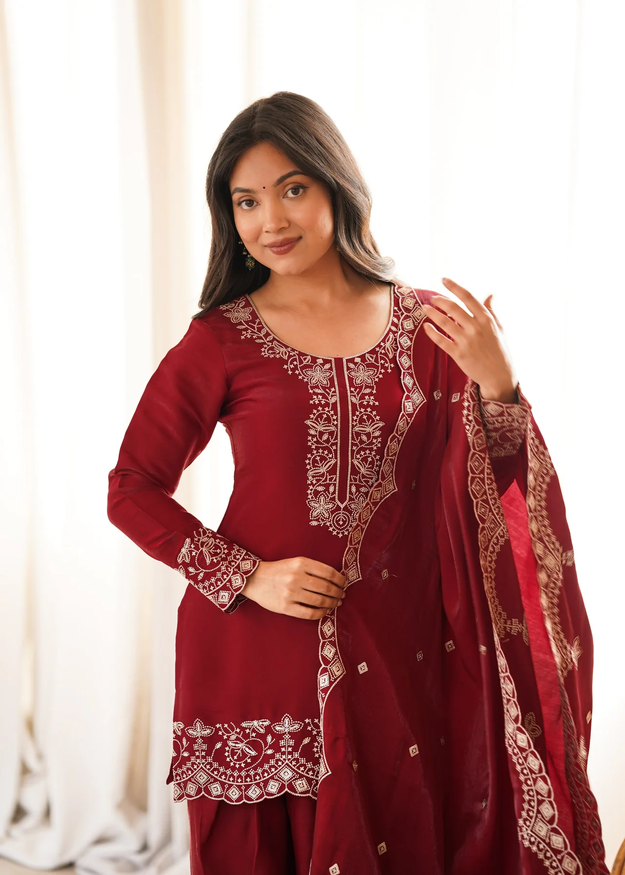Glass Roman Silk Embroidered Kurta Set with Farshi Shalwar & Dupatta — photo 3 of 9