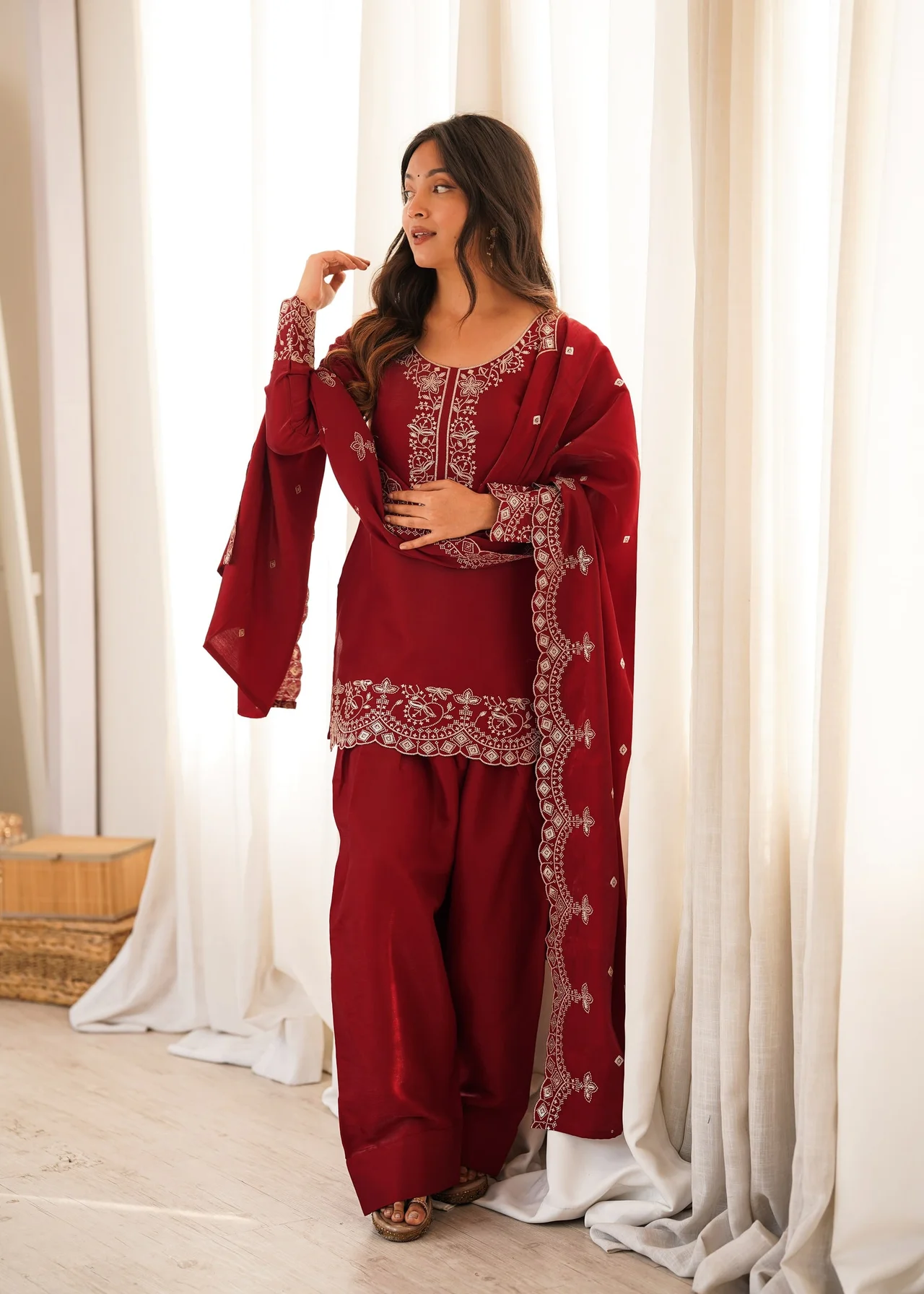 Glass Roman Silk Embroidered Kurta Set with Farshi Shalwar & Dupatta — photo 4 of 9