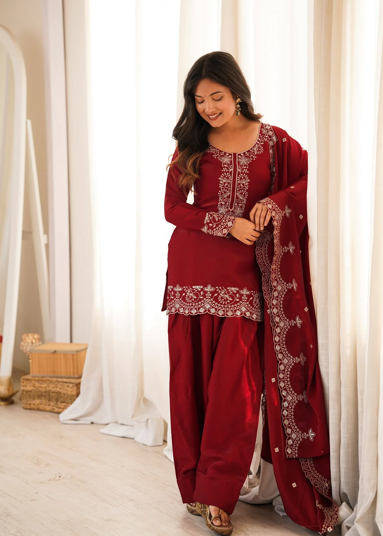 Glass Roman Silk Embroidered Kurta Set with Farshi Shalwar & Dupatta — photo 6 of 9