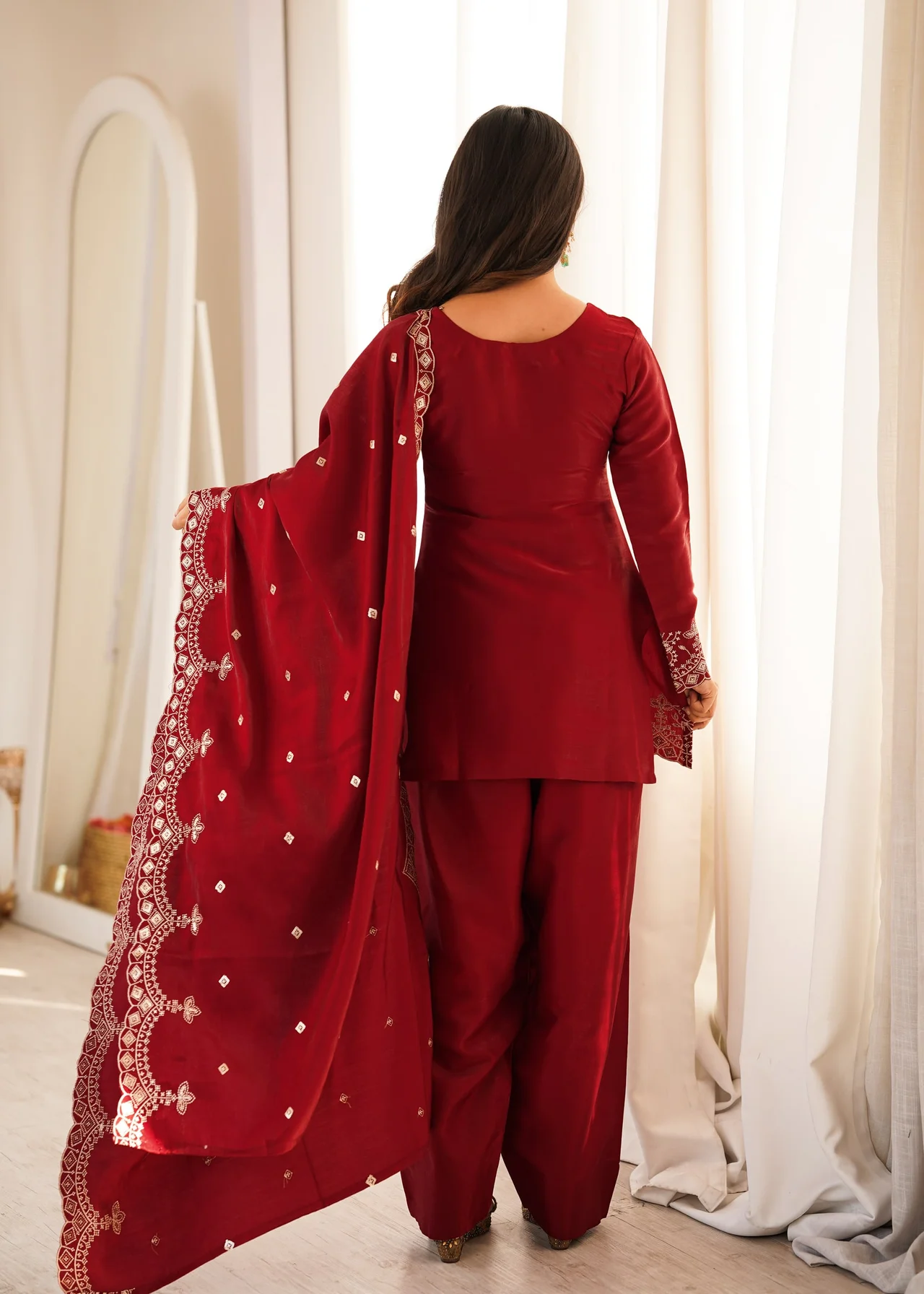 Glass Roman Silk Embroidered Kurta Set with Farshi Shalwar & Dupatta — photo 7 of 9
